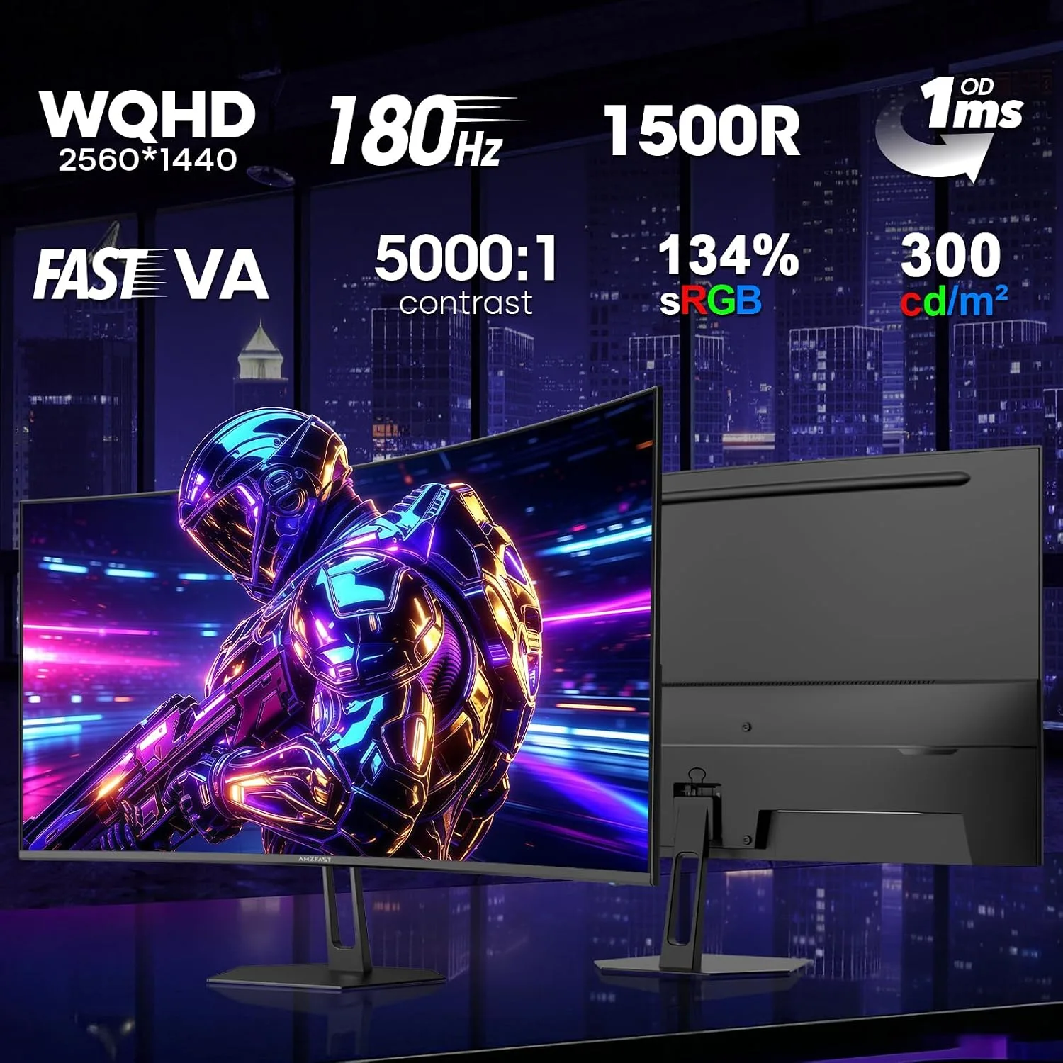 Amzfast 27 Inch WQHD 2560 * 1440 Curved Gaming Monitor 180Hz OD 1ms