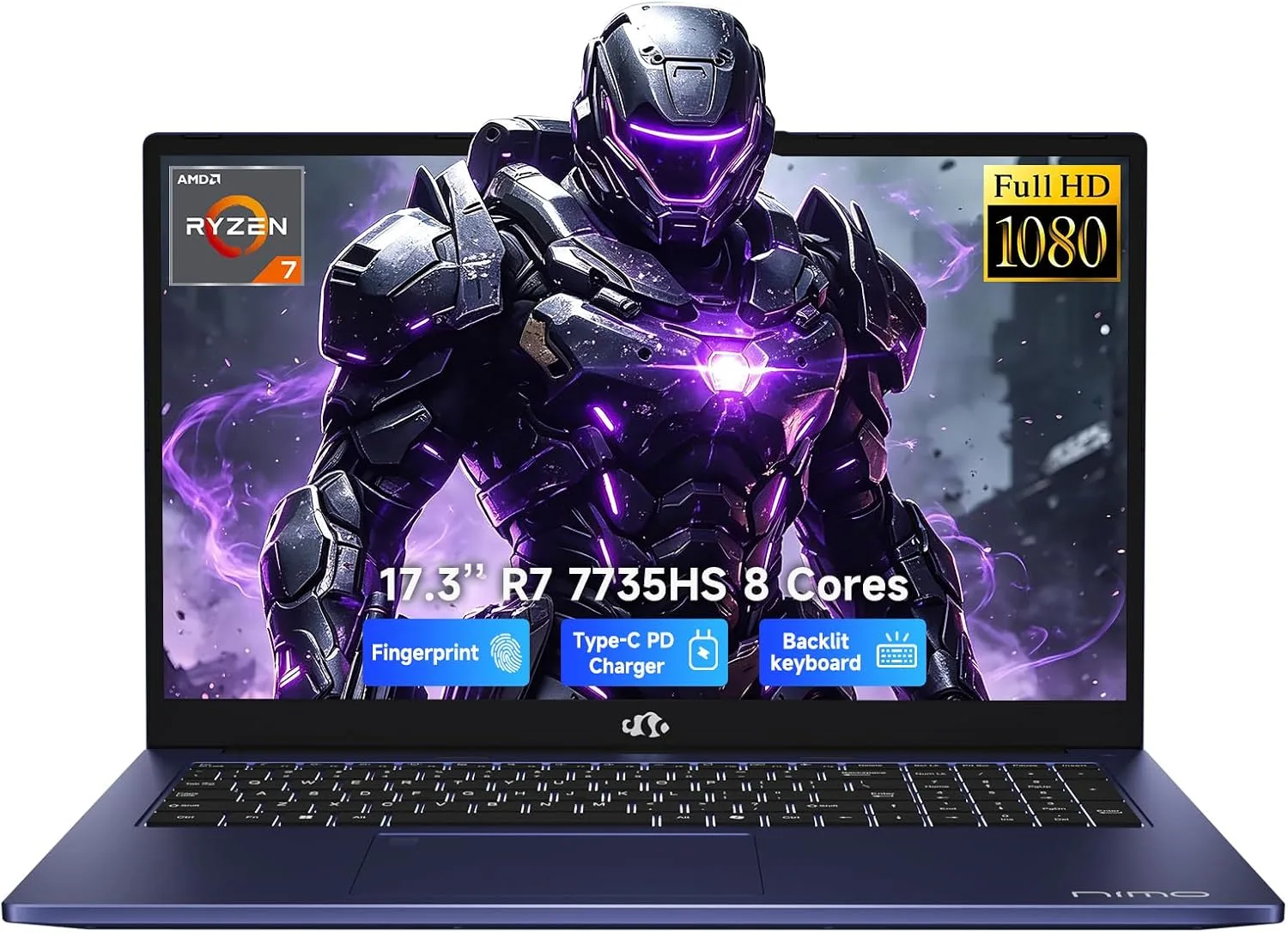 NIMO 17.3 FHD Light Gaming AI-Laptop, 8 Cores AMD R7 16GB DDR5 512GB SSD