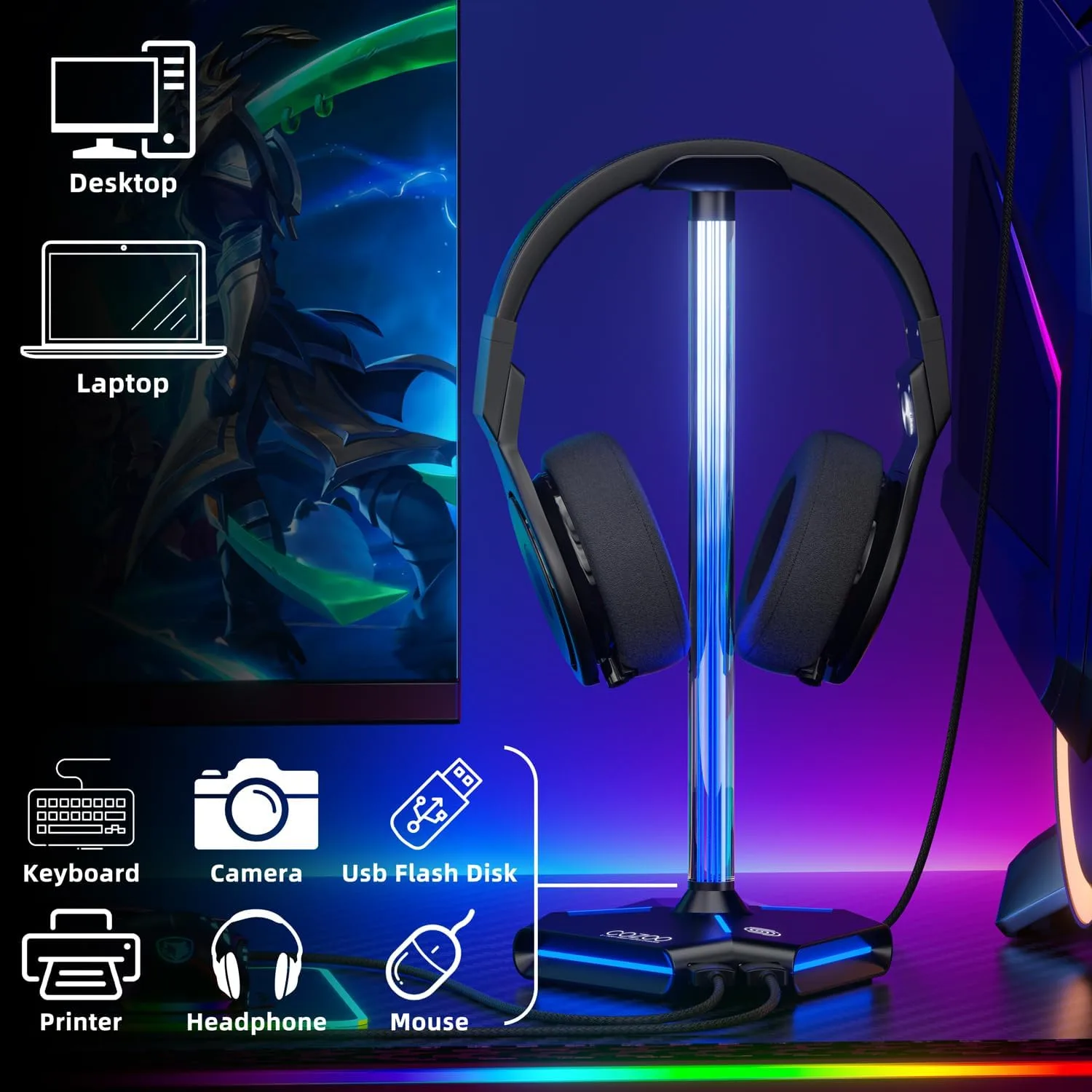 cozoo Desk headset stand Touch RGB Light Stand 4 Color Modes 2 USB Black