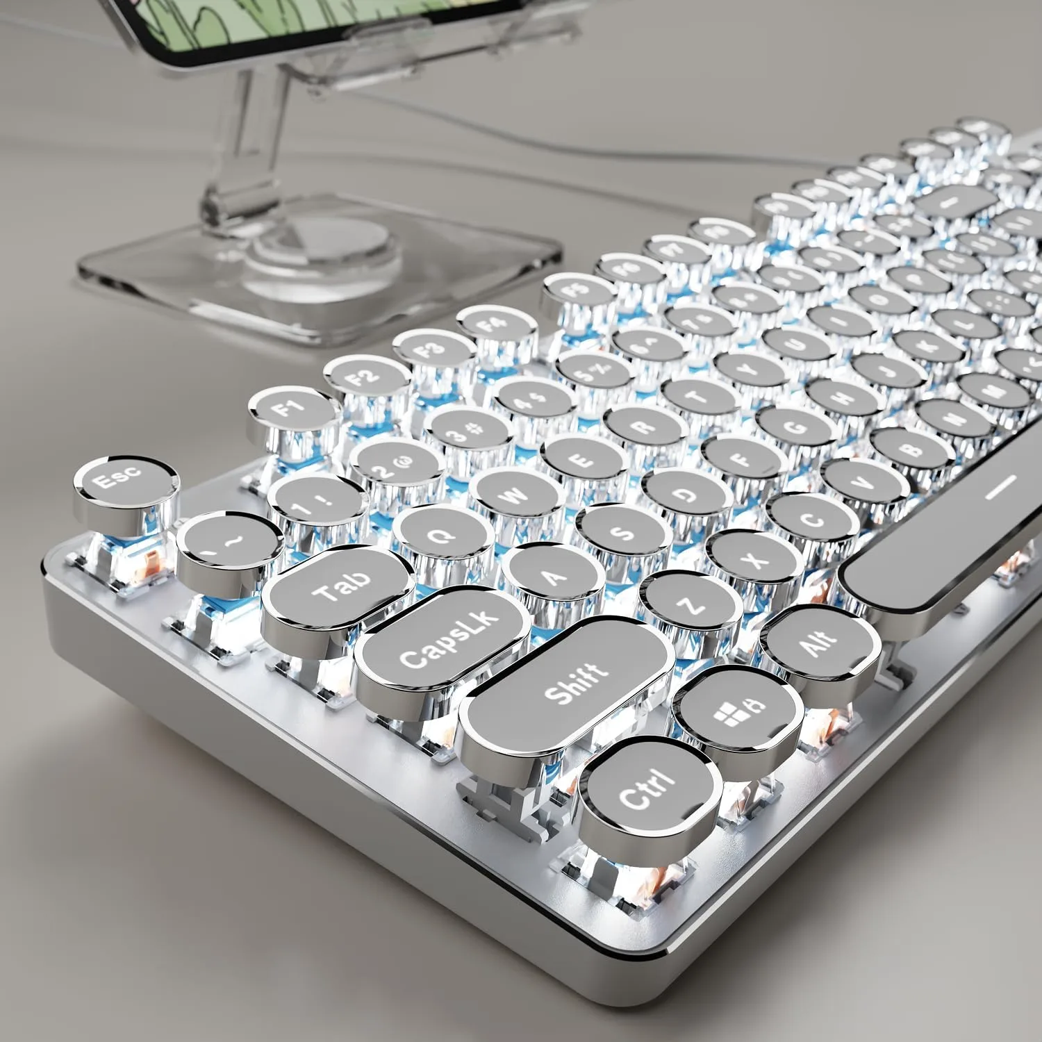 Teclado mecánico gamer Seunkwang TK100 con cable estilo máquina de escribir retro y retroiluminación blanca