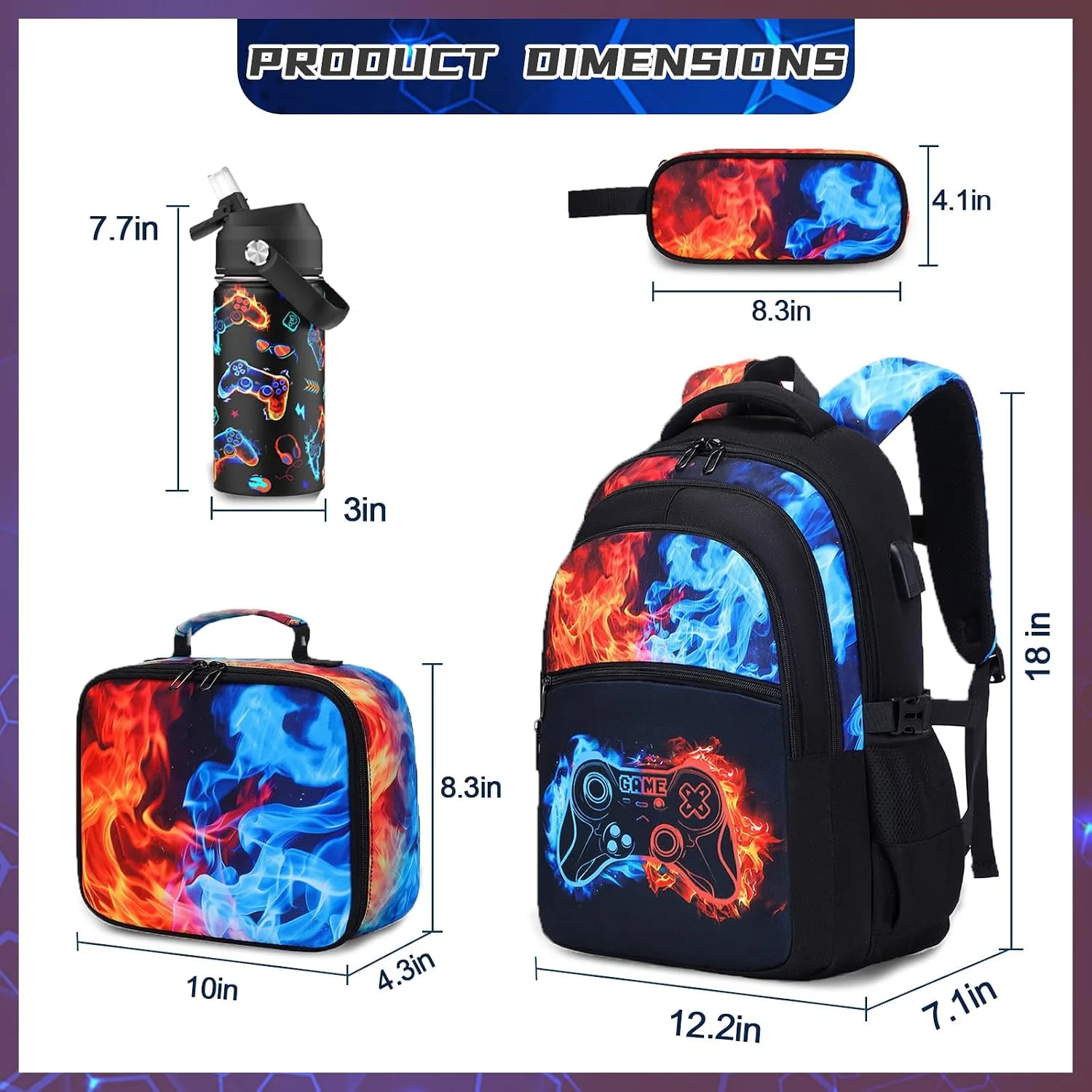 DIGOBAY Boys Backpack for School, 6PCS Cool Luminous Gamer Backpack for Boys with 14oz Insulated Water Bottle Lunch Box Pencil Case, Kids Backpacks Bookbag for Teen Boys Elementary Middle High School