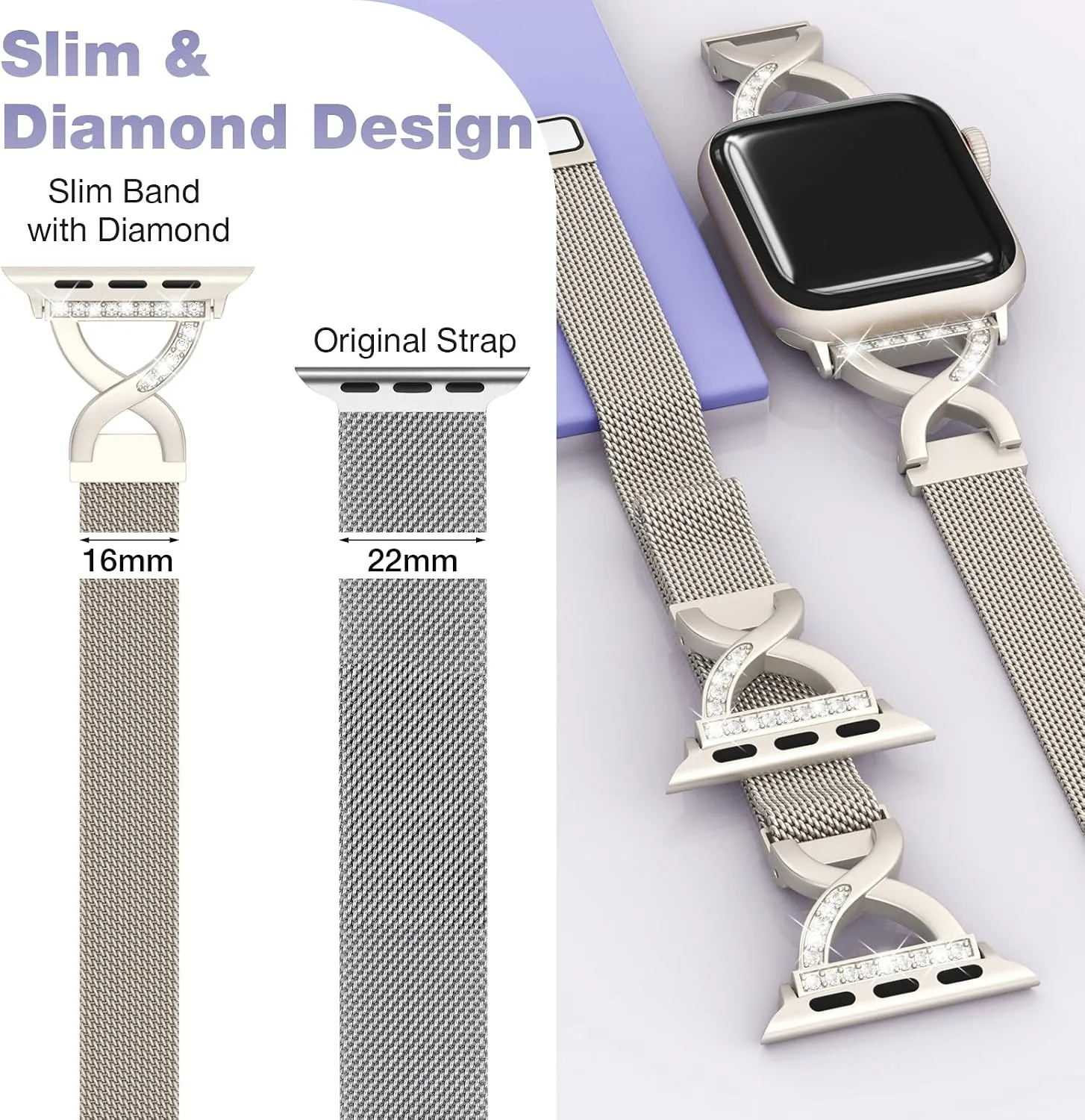 Thin Mesh Loop with X-Shape Clasp Compatible with Apple Watch Bands Women