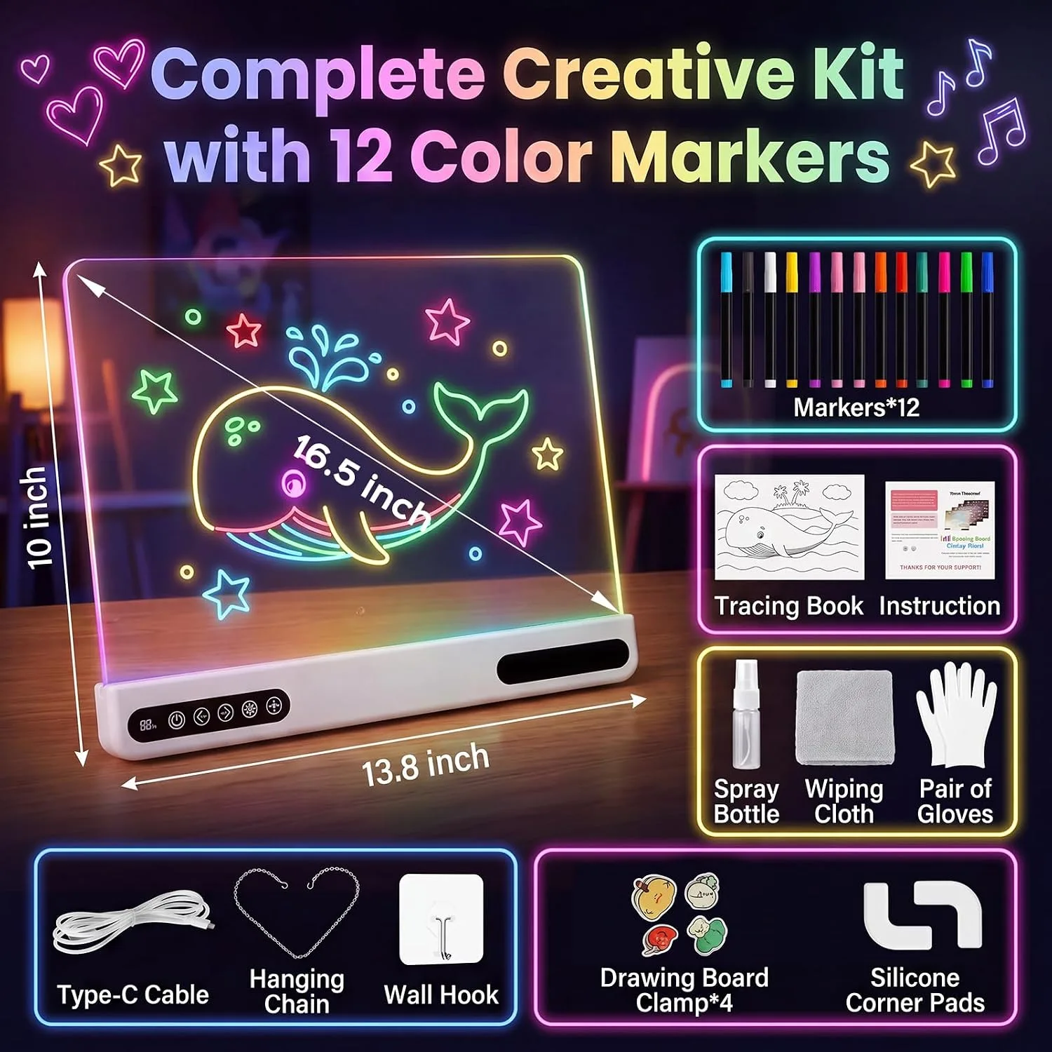 LED Drawing Board for Kids, 16" Light Up Doodle Board with 7 Colors & 10 Light Modes, Rechargeable Drawing Tablet Including 12 Markers & Tracing Cards, Birthday Christmas Gift for Boys and Girls