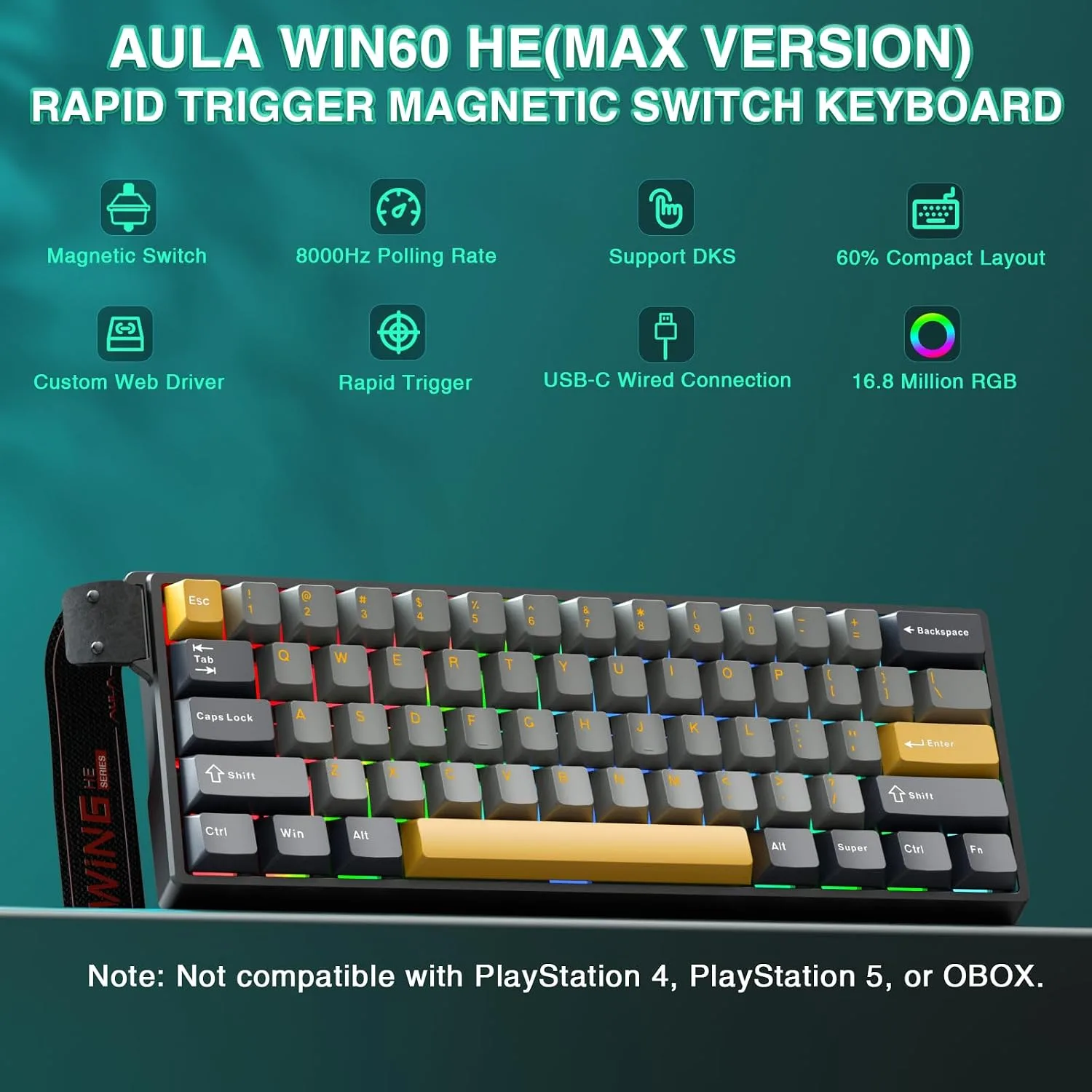 AULA WIN60 HE MAX - 60% Mechanical Gaming Keyboard Wired, Hall Effect Magnetic Switches Hot Swappable, Adjustable Actuation Rapid Trigger Mode, 8000 Hz Polling Rate, 60 Percent Keyboard Compact Design