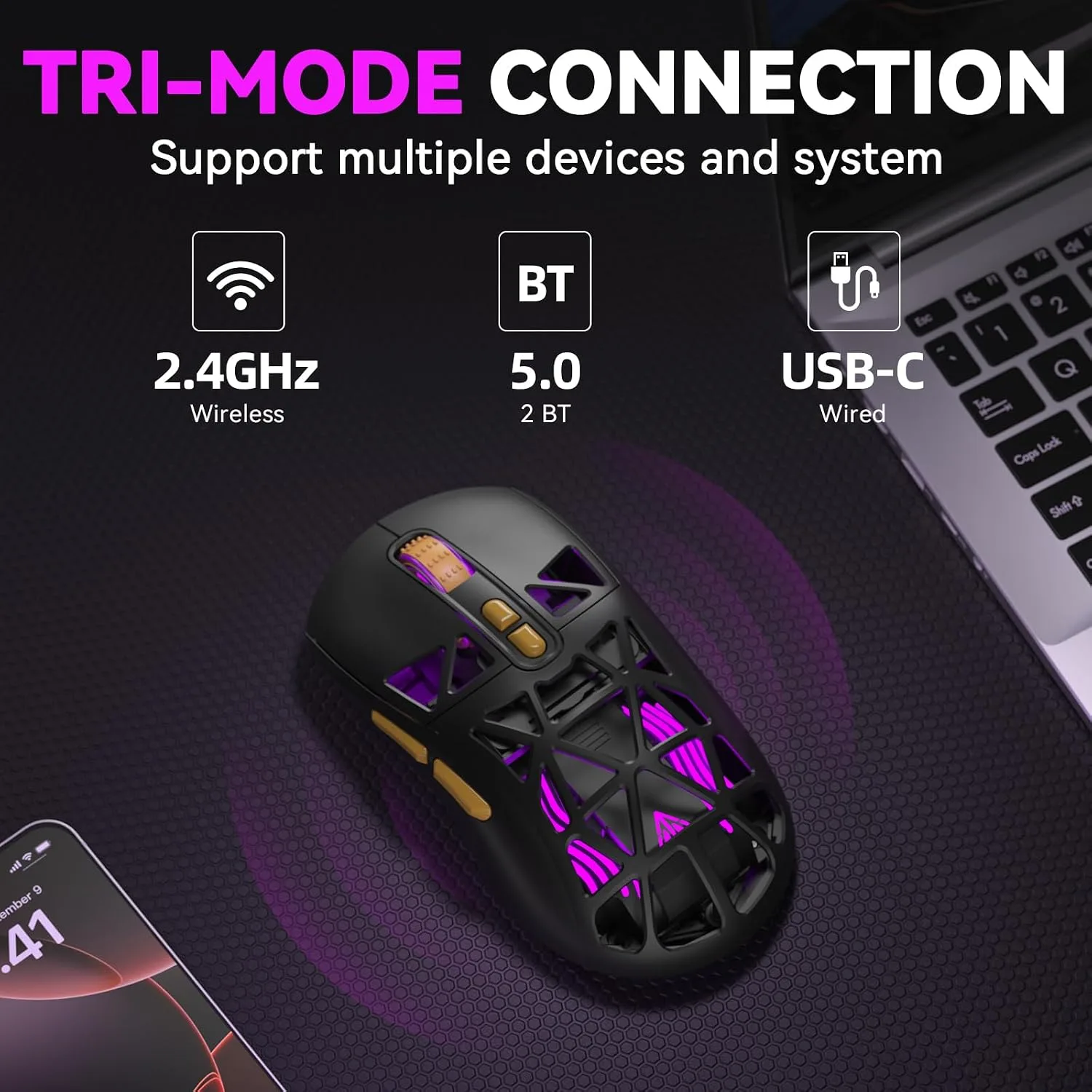 CORBOBO SOLAKAKA SM802 Wireless Gaming Mouse,24,000 DPI Max,Tri-Mode 2.4GHz/BT/Wired USB Rechargeable Gamer Mouse with RGB,Programmable Macro Buttons,68g Lightweight Computer Mouse for Laptop/PC/Mac