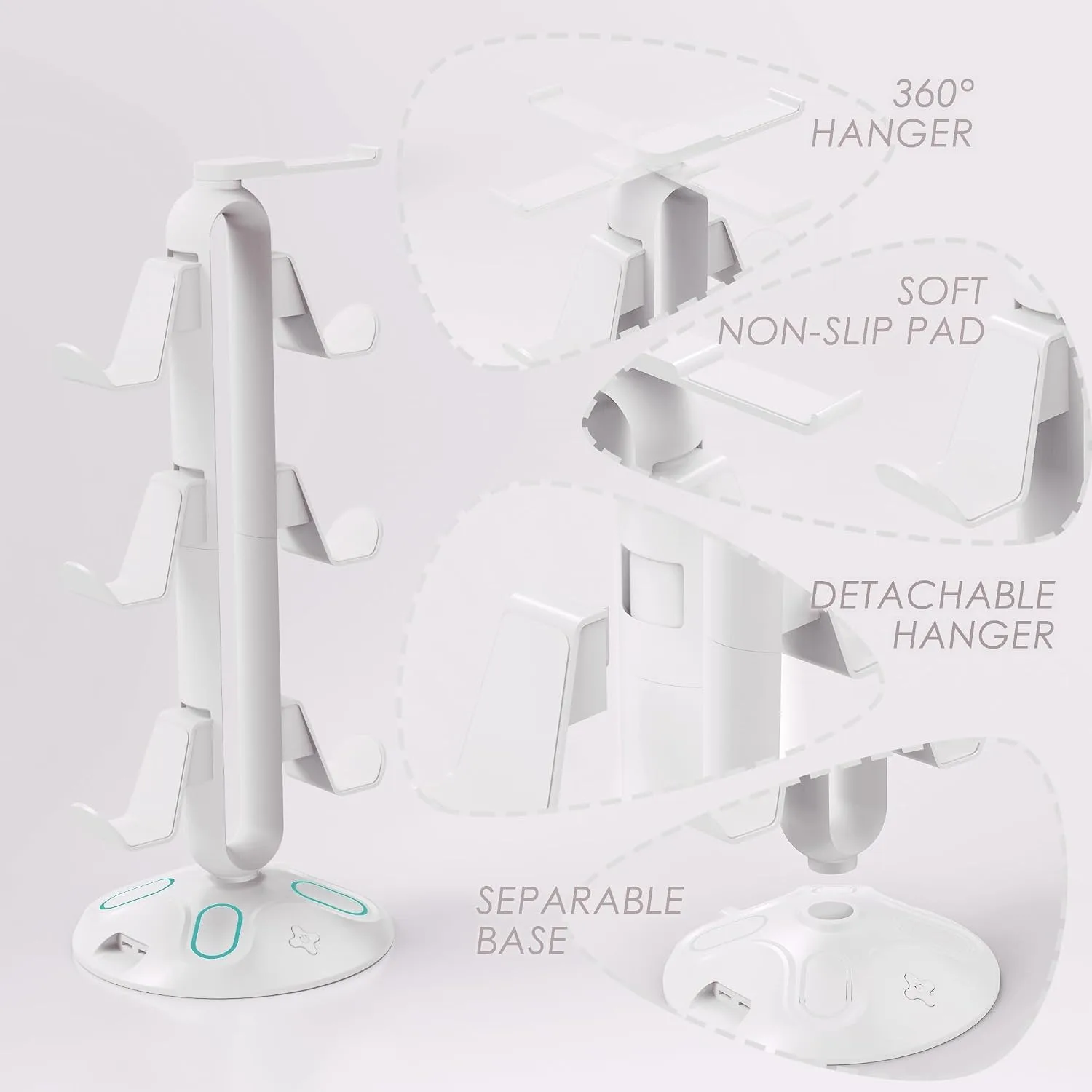 RGB Headphone Stand and Controller Holder With 9 Light Modes - 2 USB Charging Ports, 3.5mm & Type-C - Hanger Accessories for Desk and Gamer (White)