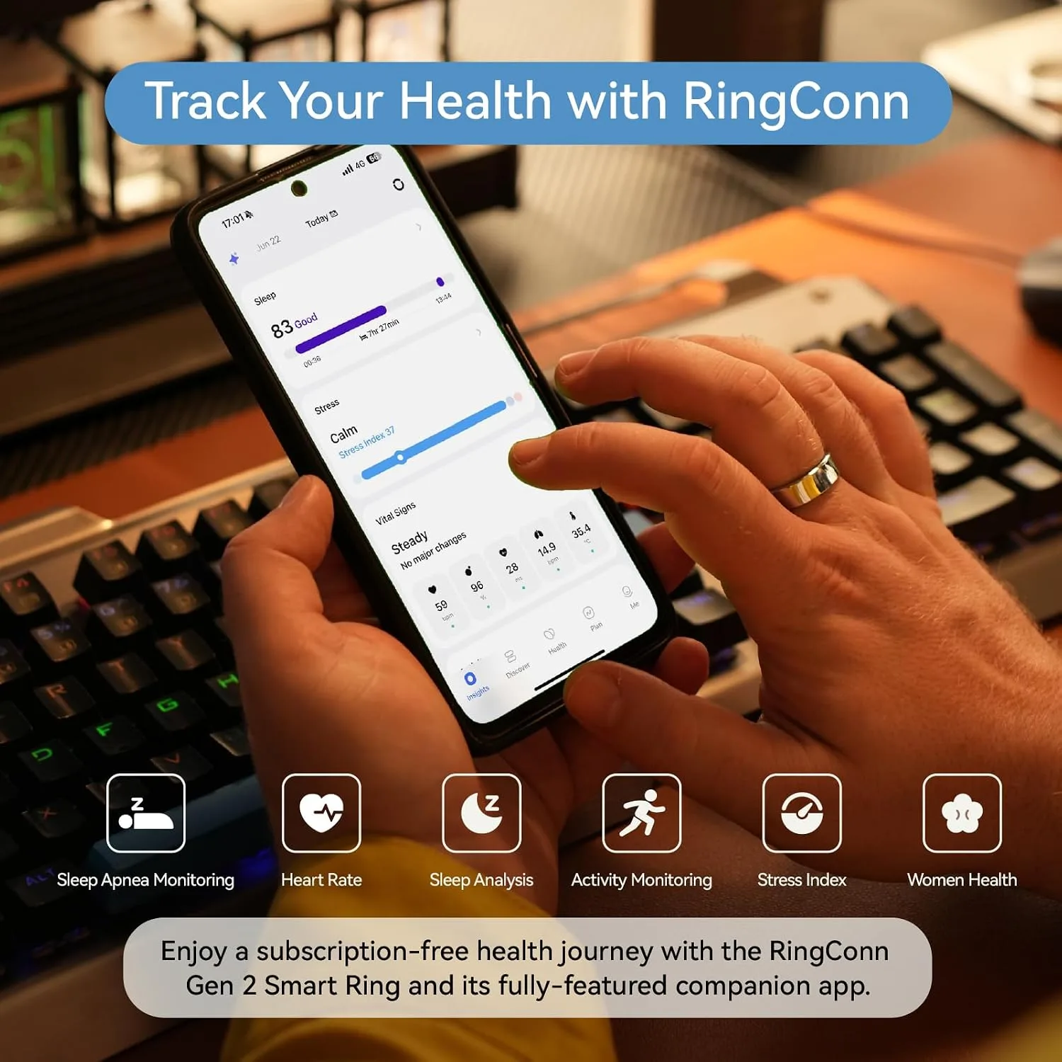 RingConn Gen 2 Smart Ring - Sleep Apnea Monitoring(Rose Gold, Size 10)