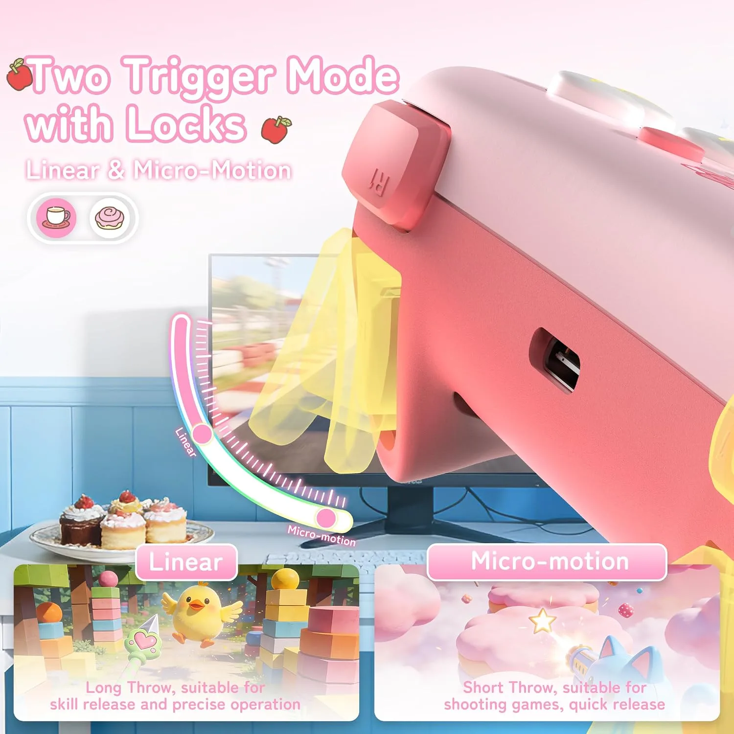 Kuitmor Hello Kitty Switch Pro Controller, Cute Hall Effect Wireless Gamepad No Drift for Switch 2/Switch/OLED/Lite, PC/Steam, Android, iOS, Bluetooth + Wired, Turbo, Back Buttons,6-Aixs Gyro, Wake-up, RGB (Pink, Without 2.4g Receiver)