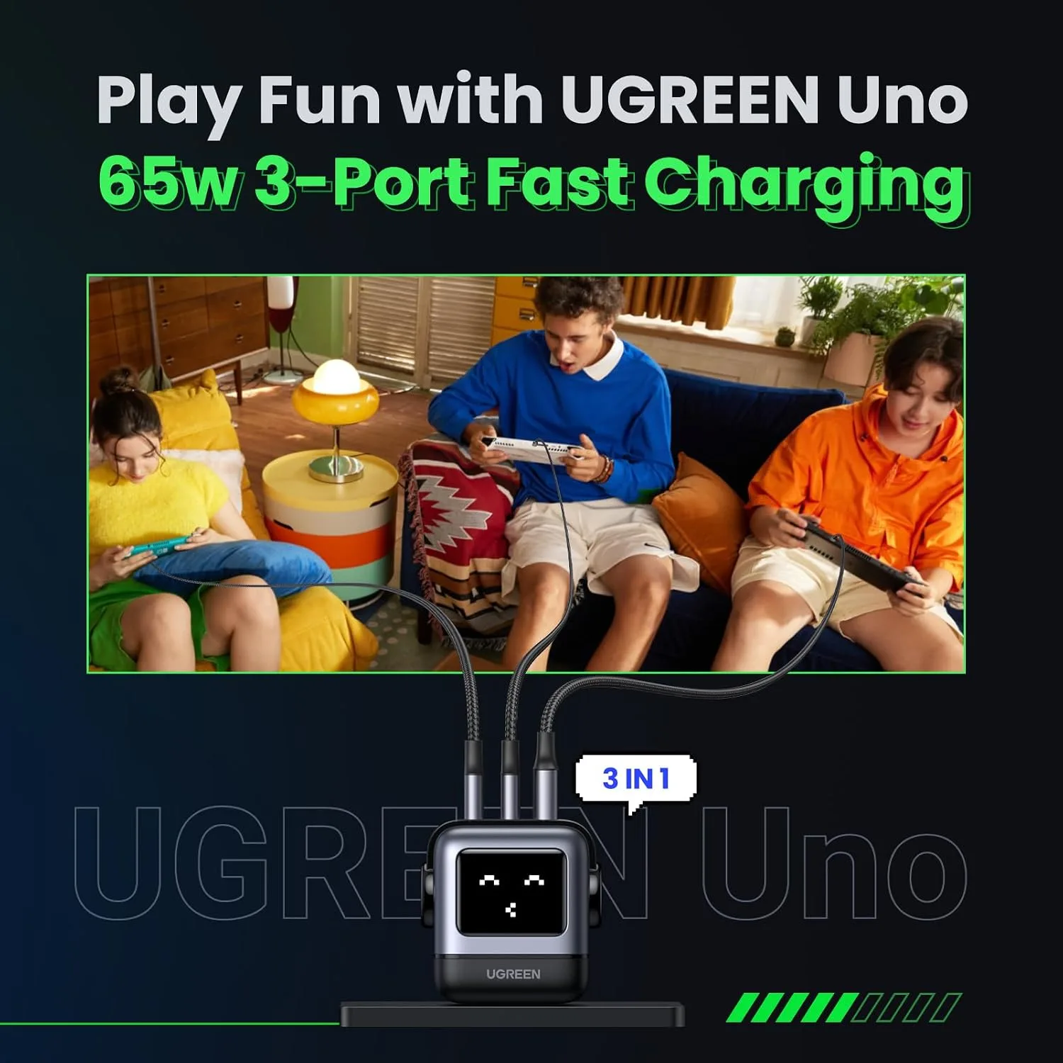 UGREEN Uno 65W 3-Port USB C Charger Adapter, GaN Fast Charging Block, Black