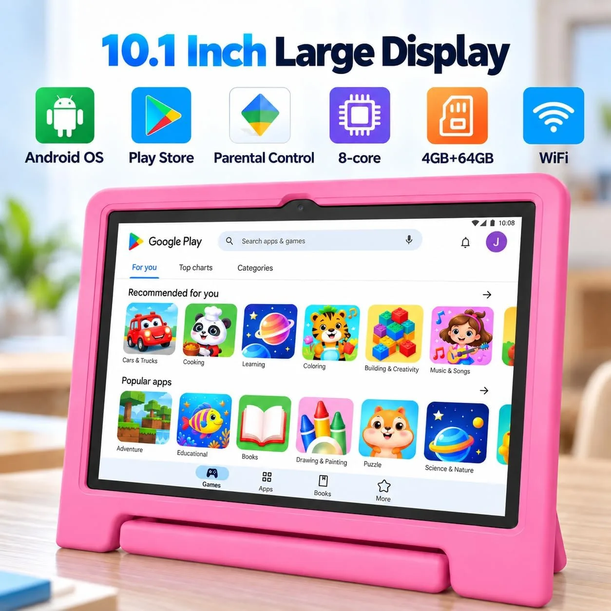 JREN
10.1"
Android
15
Tablet
with
Case,
64GB
Storage,Octa-Core
Pink