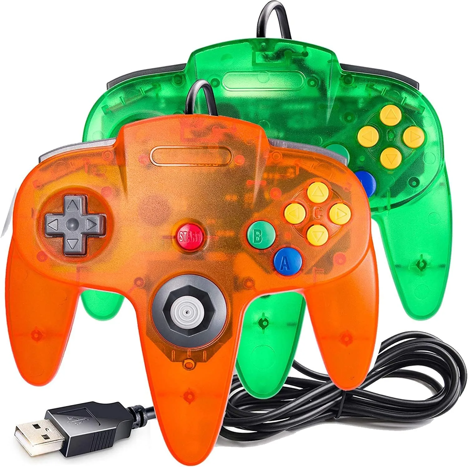 2 Pack USB Wired N64 Controller, miadore Classic N64 PC Gamepad Joystick Controller for Windows PC MAC Linux Raspberry Pi 3 (Green/Orange)