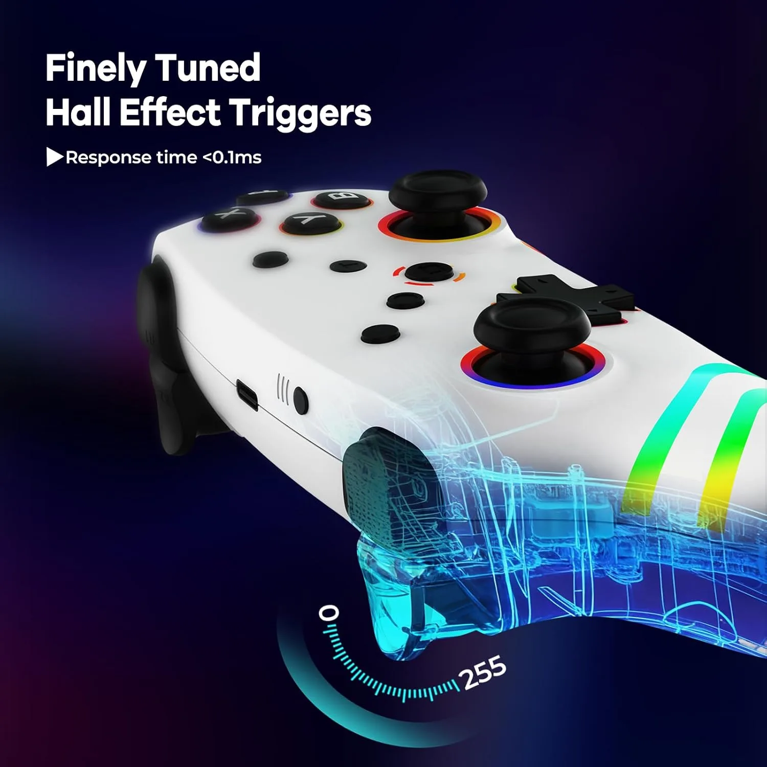MYSTILUCK Wireless Pro Controller for Switch/Switch 2/Lite/OLED/PC, Gamepad with 7 Color-Changing RGB Lighting/Dual Vibration/6-Axis Gyroscope/Turbo, Ergonomically Designed Precise Joystick - White