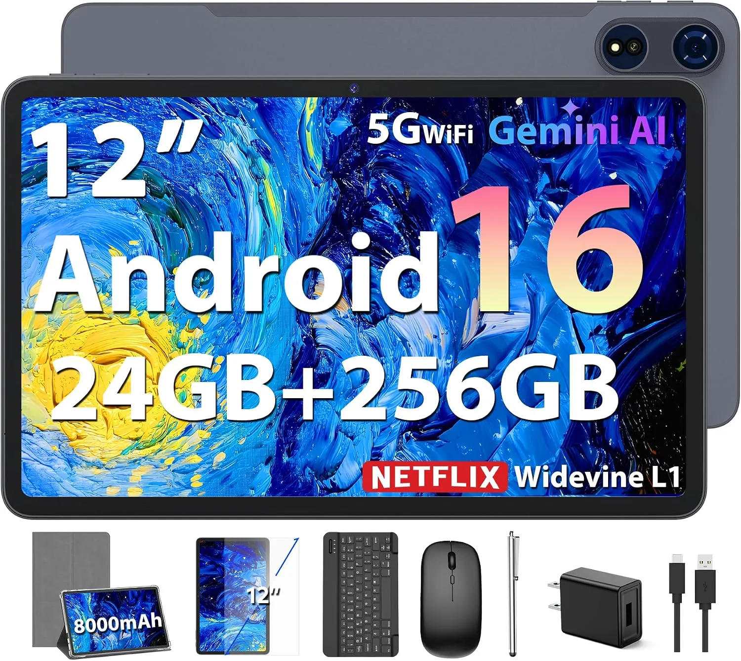 12 Inch Tablet - Android 16 Tablet with Keyboard, 24GB+256GB+2TB Expand
