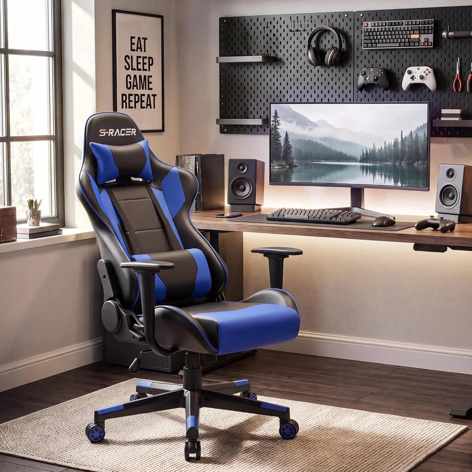 Homall Gaming Chair, Office Chair High Back Computer Chair Leather Desk Chair Racing Executive Ergonomic Adjustable Swivel Task Chair with Headrest and Lumbar Support(Blue)