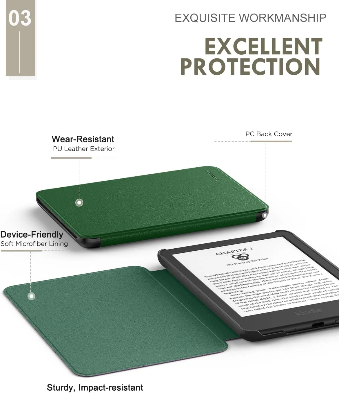 MoKo Case for 6" Amazon Kindle Basic 11th Gen 2024/2022, Lotus Leaf Green