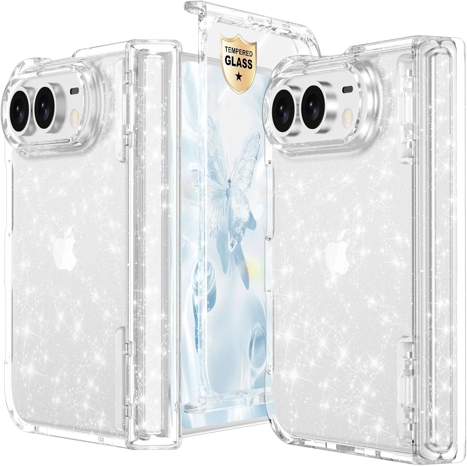 For iPhone Duo Case Clear Sparkle with Hinge Protection Clear Glitter