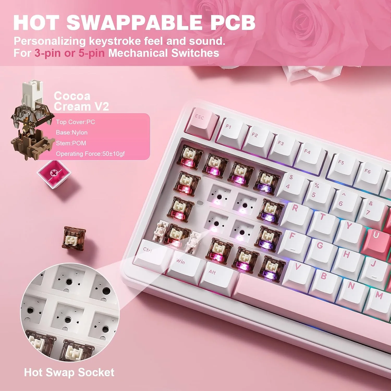 YUNZII B75 PRO 75% Wireless Mechanical Keyboard (White Heart,Cocoa V2)