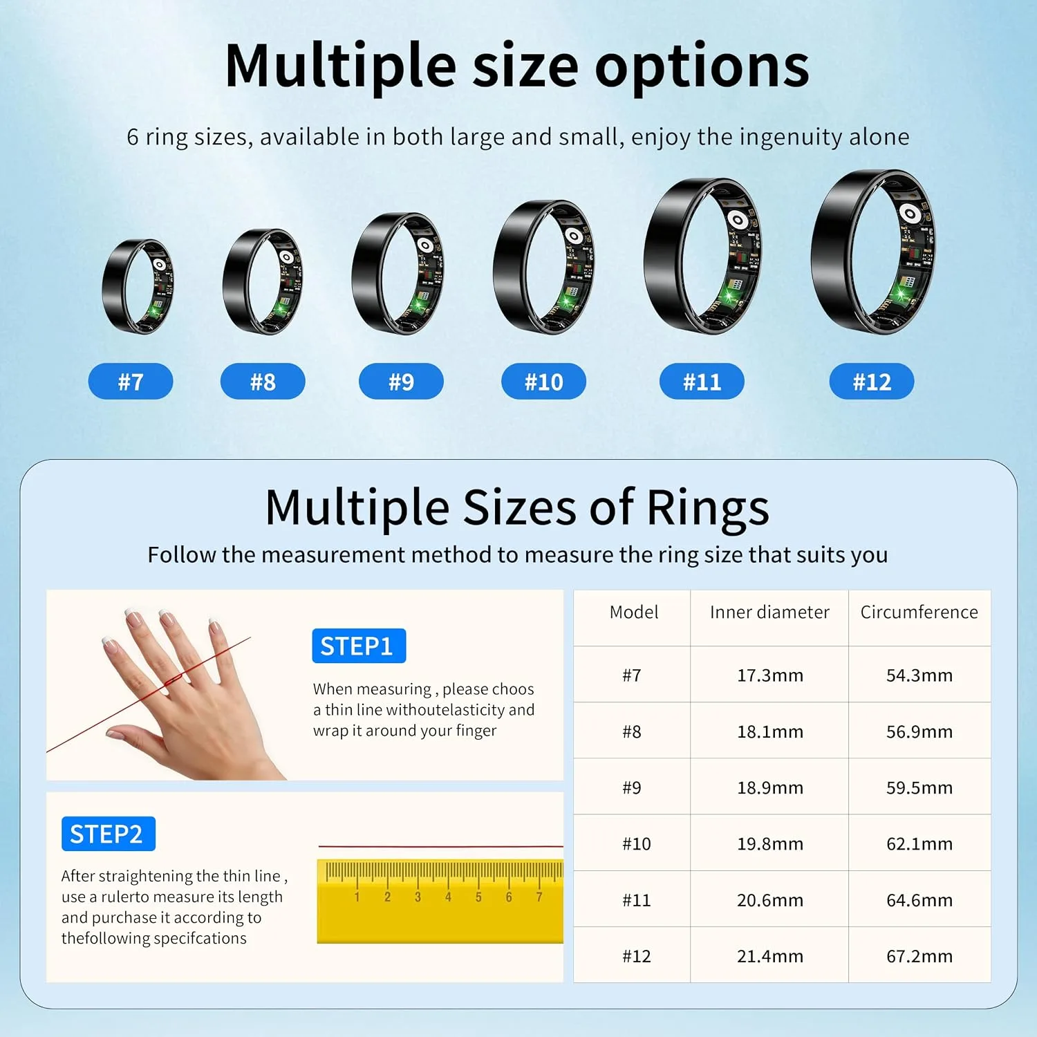 BIEMHA Women Men Smart Ring Health Tracker, Sleep Exercise Health Monitoring Wearable Device, IP68 Waterproof, iOS/Android Compatible, No Subscription Required, 5‑Day Long Lasting Battery (Silver, 7)