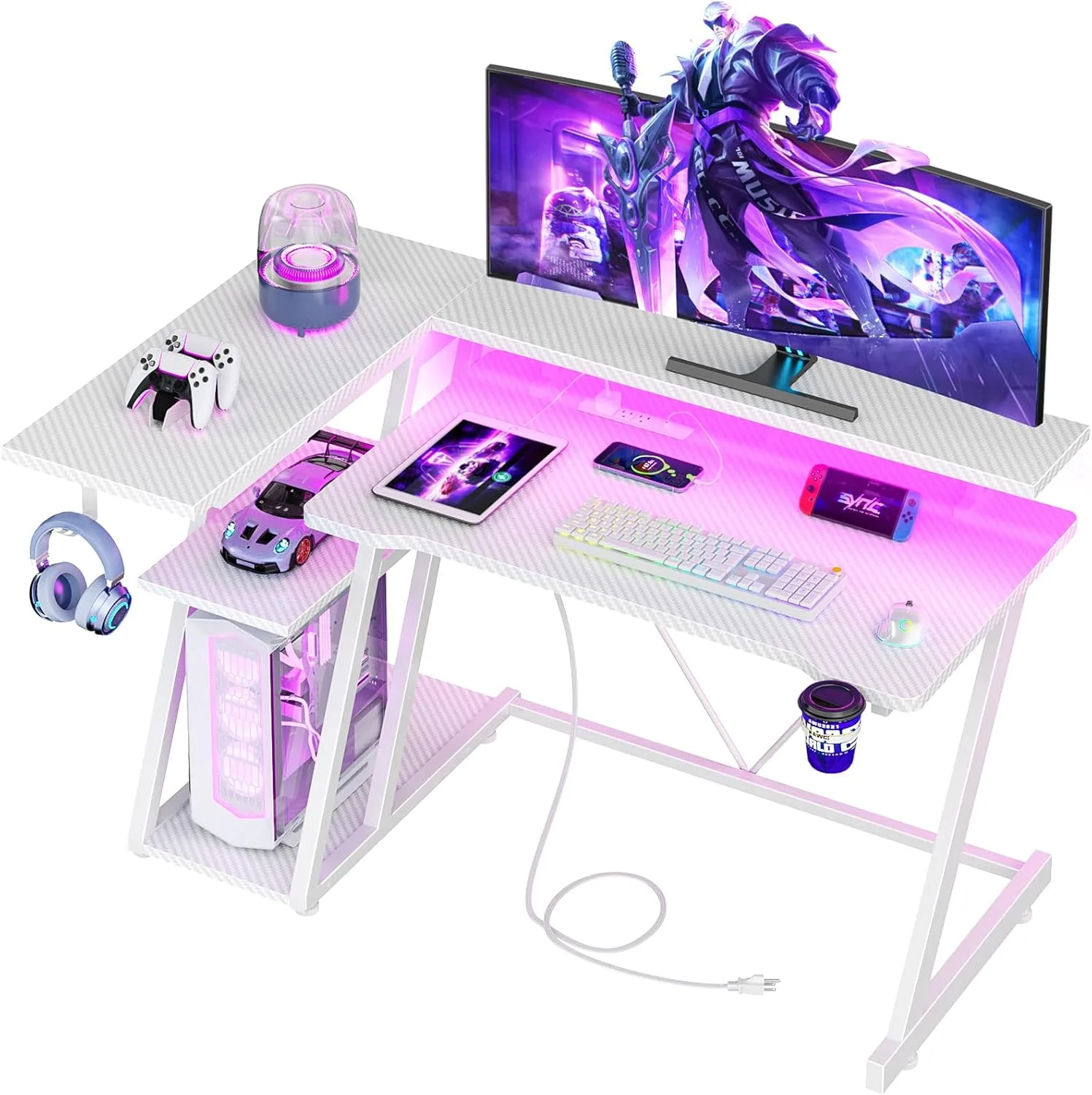 Korfile 40 Inch Gaming Desk with Power Outlet, LED, Carbon Fiber White