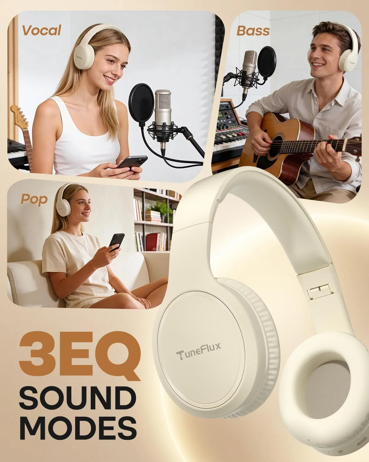 TuneFlux Bluetooth Headphones, 70H Playtime, Over-Ear, 3 EQ Modes-Beige