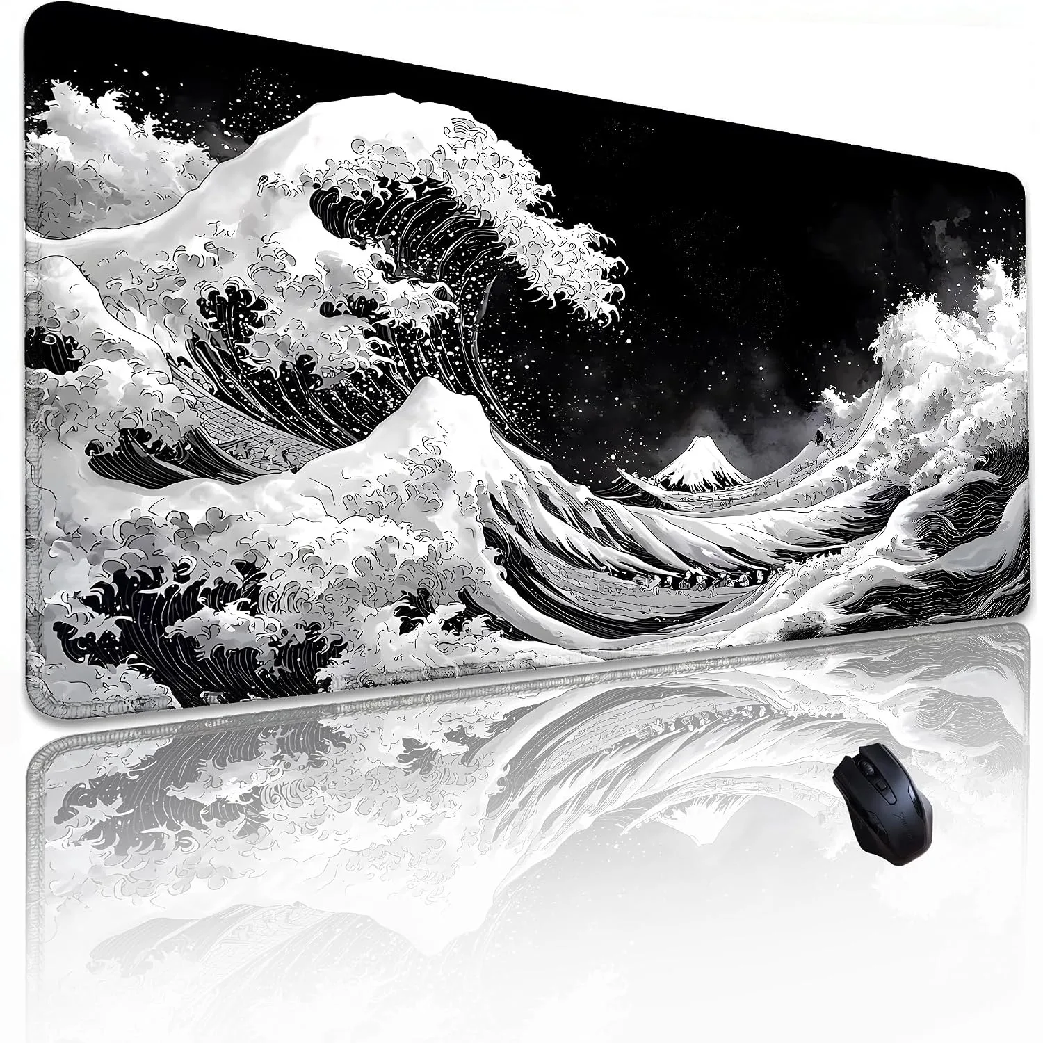 Gudnis Black and White Japanese sea Mouse Pad, Kanagawa Surfing 31.5"x11.8"