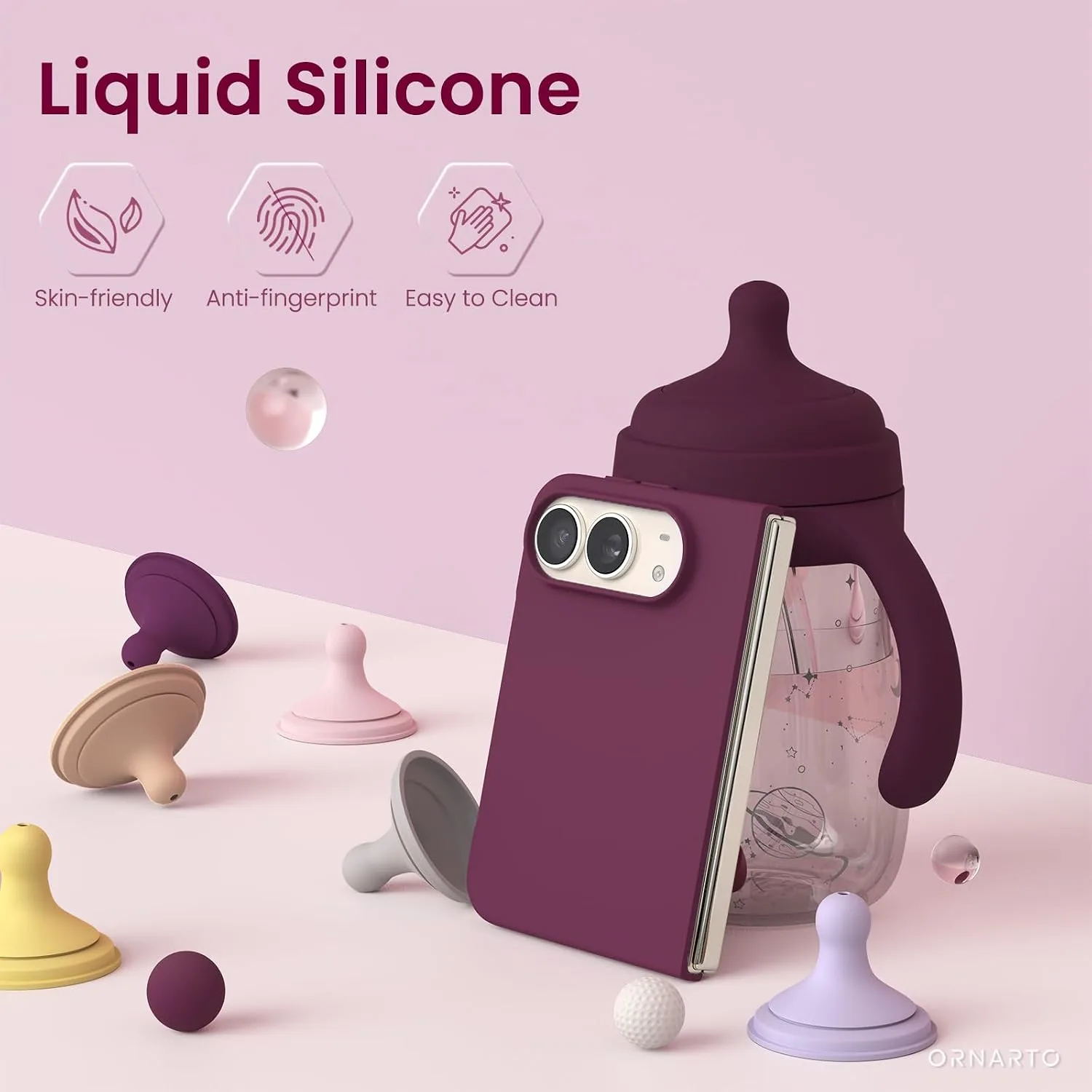 ORNARTO for iPhone Duo Case,Magnetic Slim Liquid Silicone,Wine Red