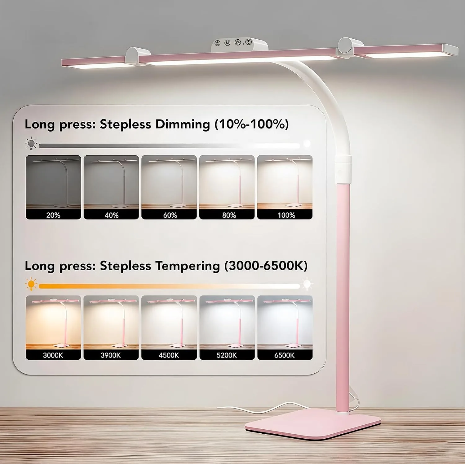 LED Desk Lamp for Home Office with Base, 28.2" Adjustable Gooseneck Swing Arm Bright Desk Light, Dimmable Architect Table Lamp for Desktop Computer Light, Reading, Study, Workbench（Pink）