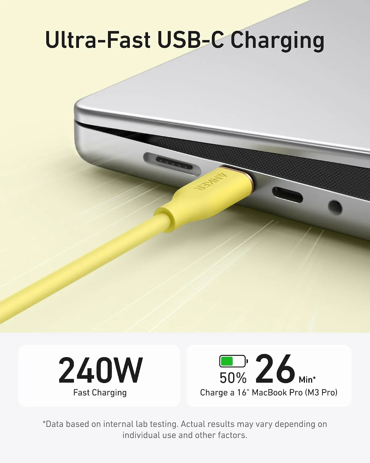 Anker USB C Cable, 240W Type C Fast Charging Cord (1-Pack, 6 ft, Yellow)