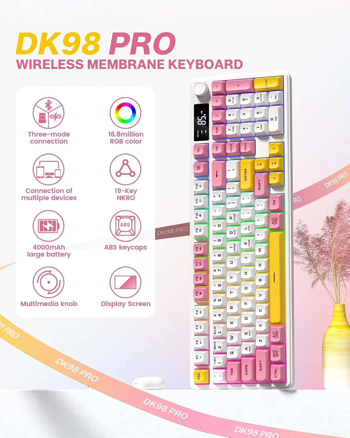 Keymatic Gaming Keyboard Wireless Creamy Keyboard w/Media Knob&Screen