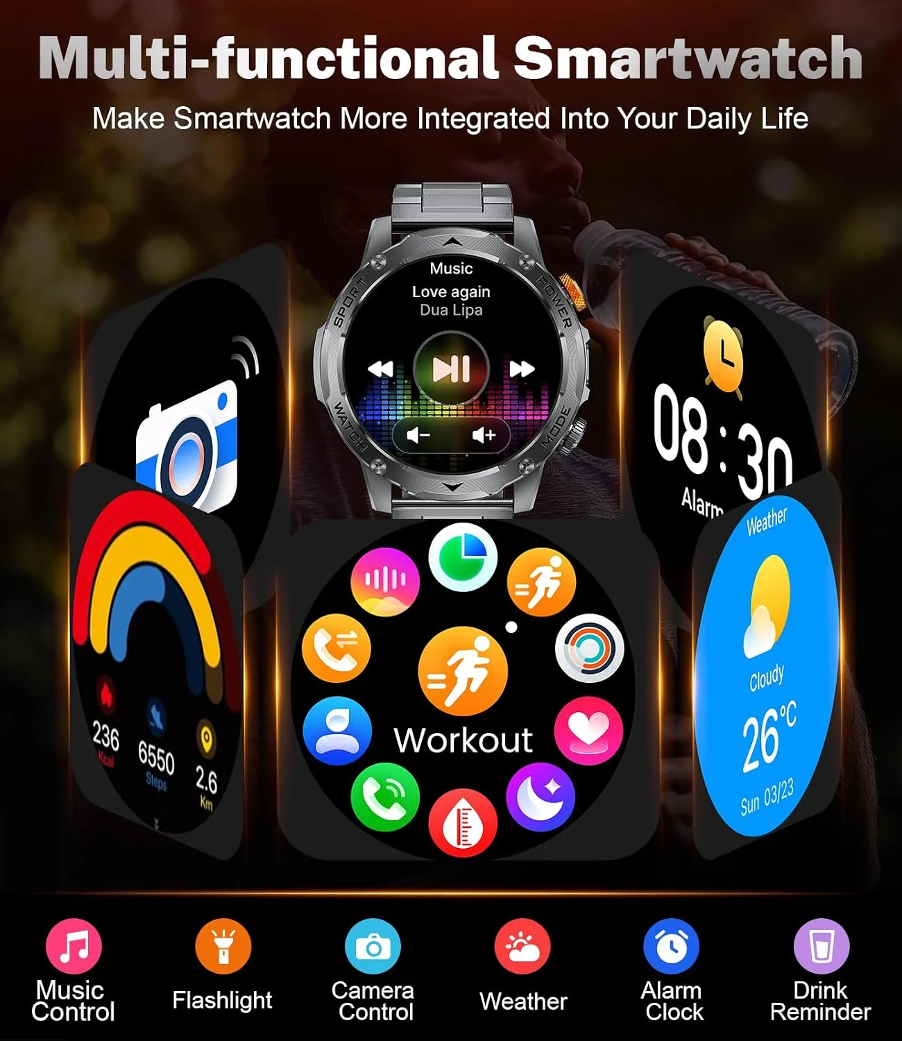 Smart Watch for Men with 1000mAh Battery/Flashlight, 1.75'' Military Smartwatch with 5ATM Waterproof/Heart Rate/Sleep Monitor,Answer Make Calls Fitness Tracker for Android iPhone Midnight