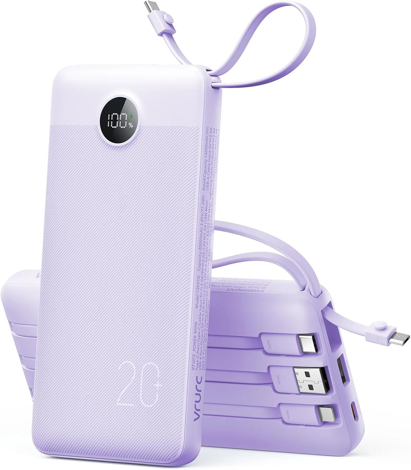 VRURC Portable Charger 4-Built-in-Cable Fast Charging 20000mAh Power Bank