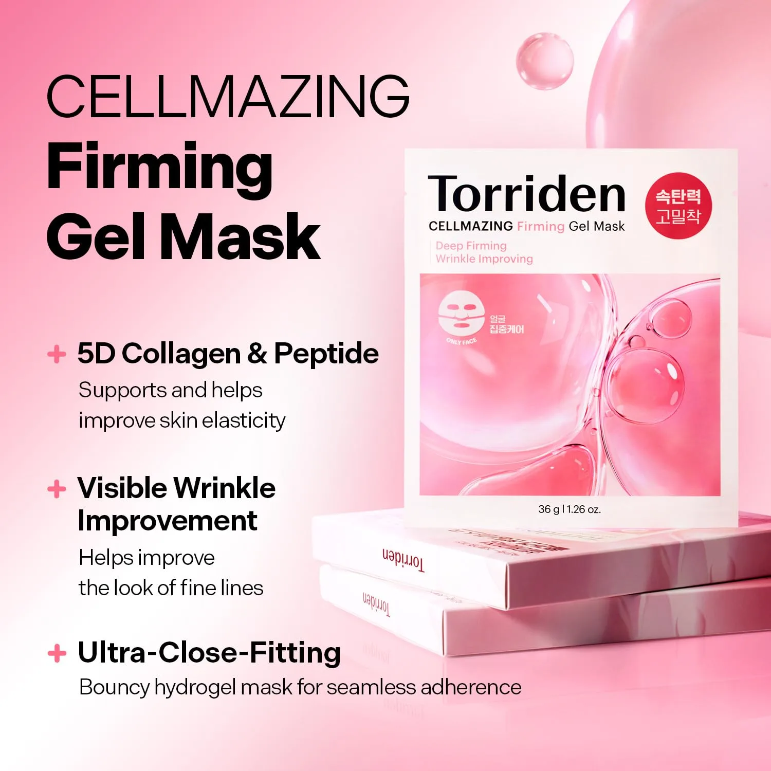 Torriden CELLMAZING Collagen Firming Gel Sheet Mask for Face (4 Sheets) | Smoother, Firmer-Looking Skin with 5D Collagen Complex | Korean Skincare Mask