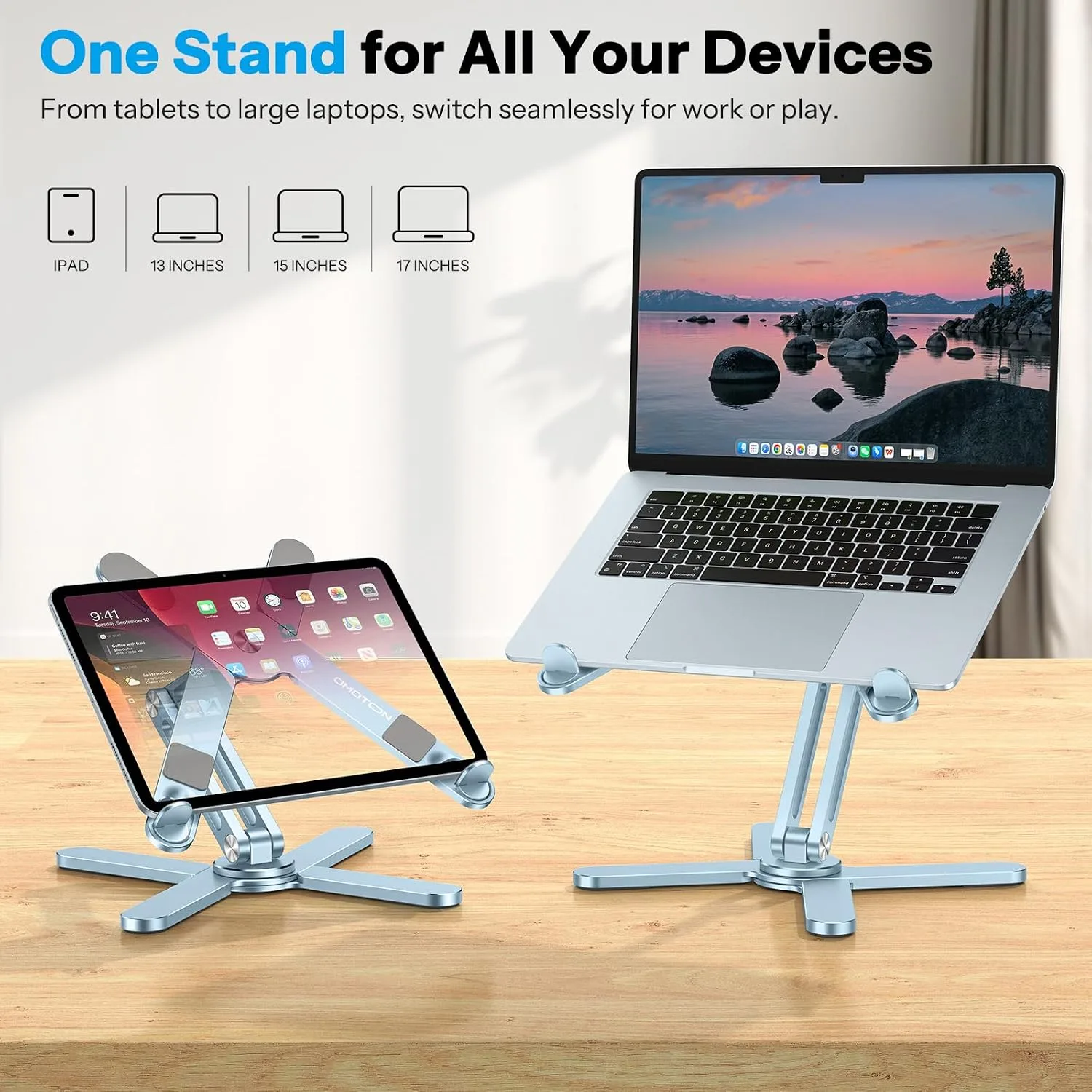 OMOTON LA10 360° Rotating Laptop Stand Riser Foldable for Desk, Sky Blue