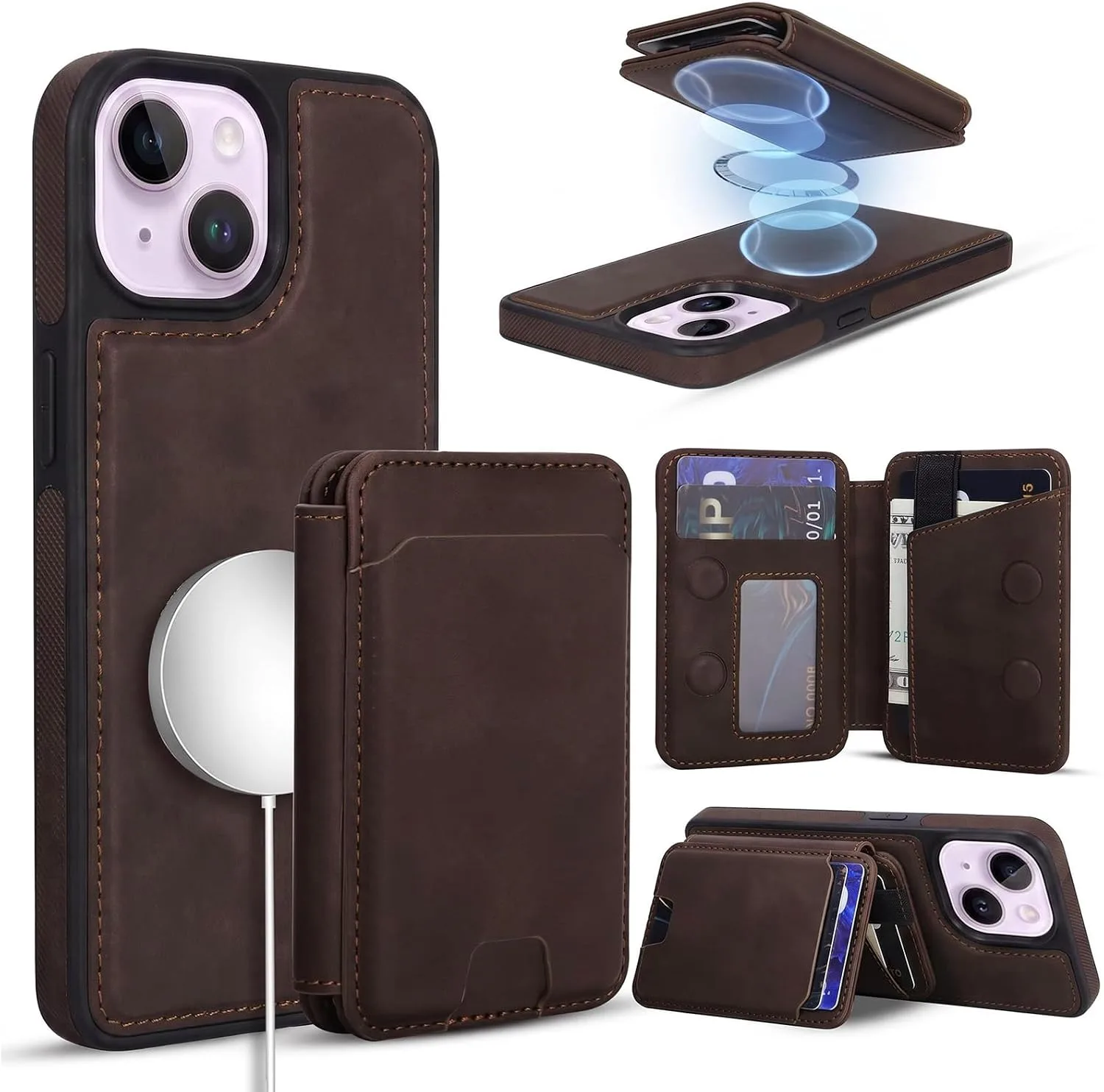 Magnetic Detachable Wallet Case for iPhone 15 with Kickstand,2-in-1 MagSafe Compatible RFID Blocking Card Holder,Slim PU Leather Cover Vintage Brown