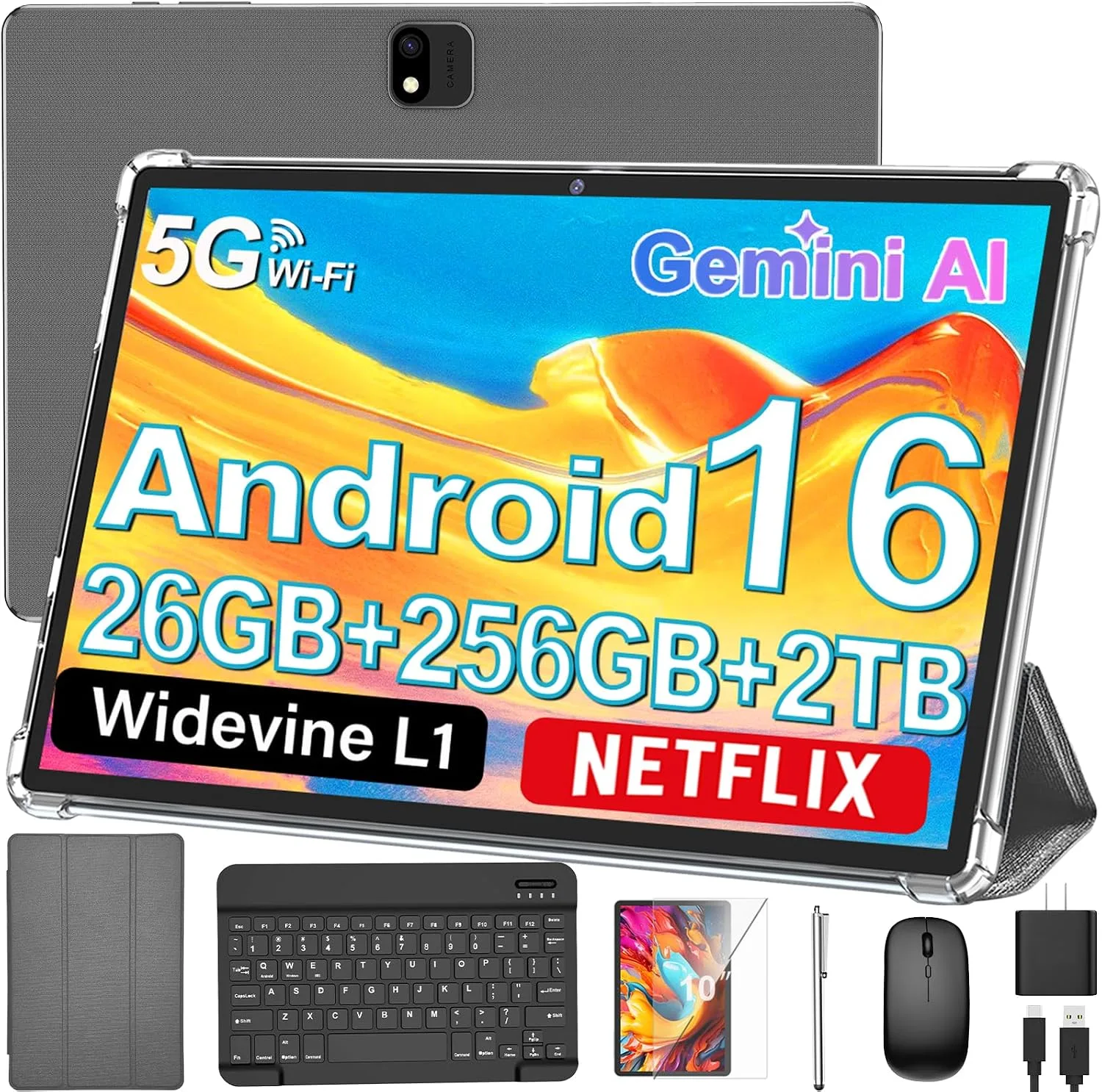 Android 16 Tablet with Keyboard - 10 Inch Electronic Tablets, Silver Case