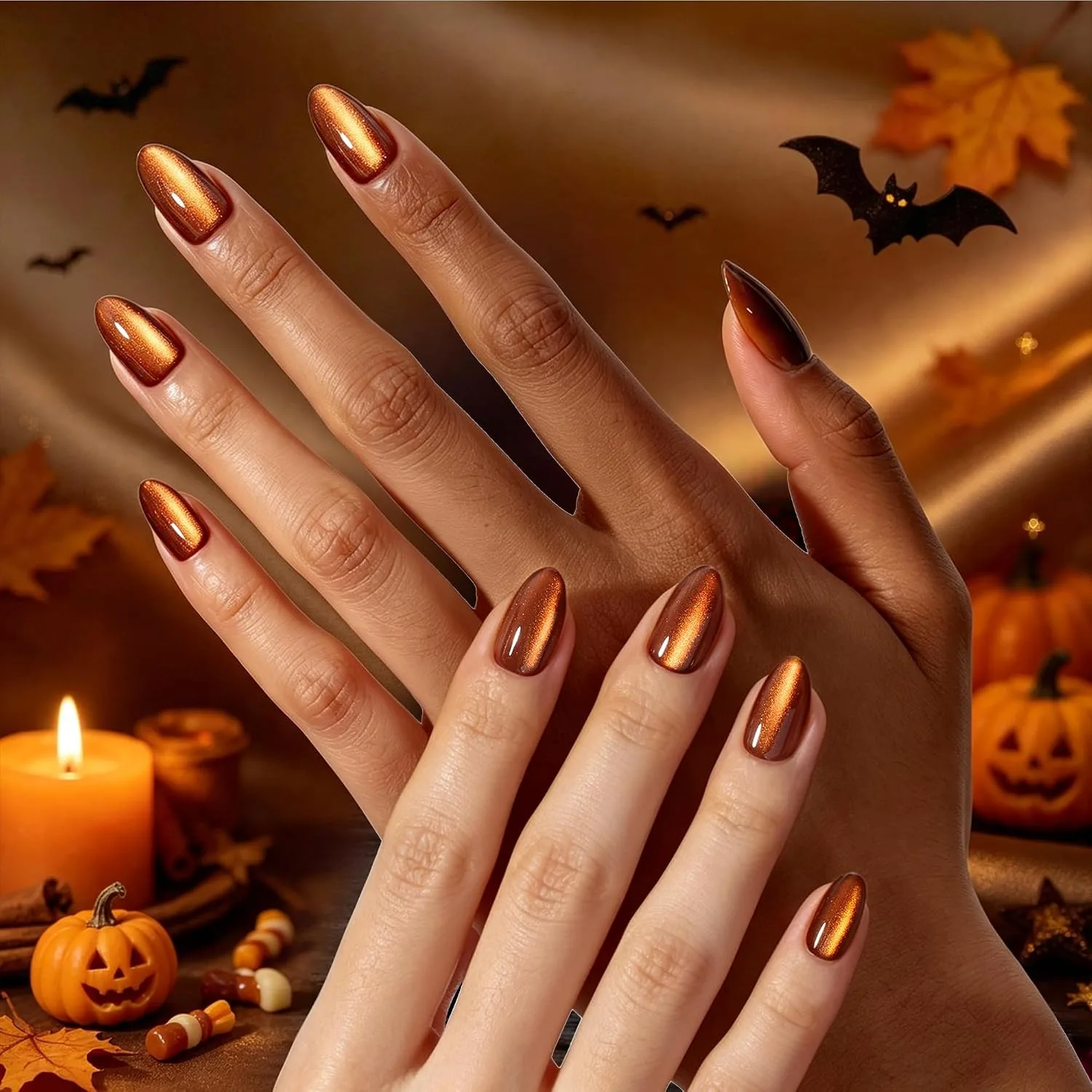 Beetles Halloween Press On Nails Short Almond, 32PCS, Cat Eye Pumpkin Spice