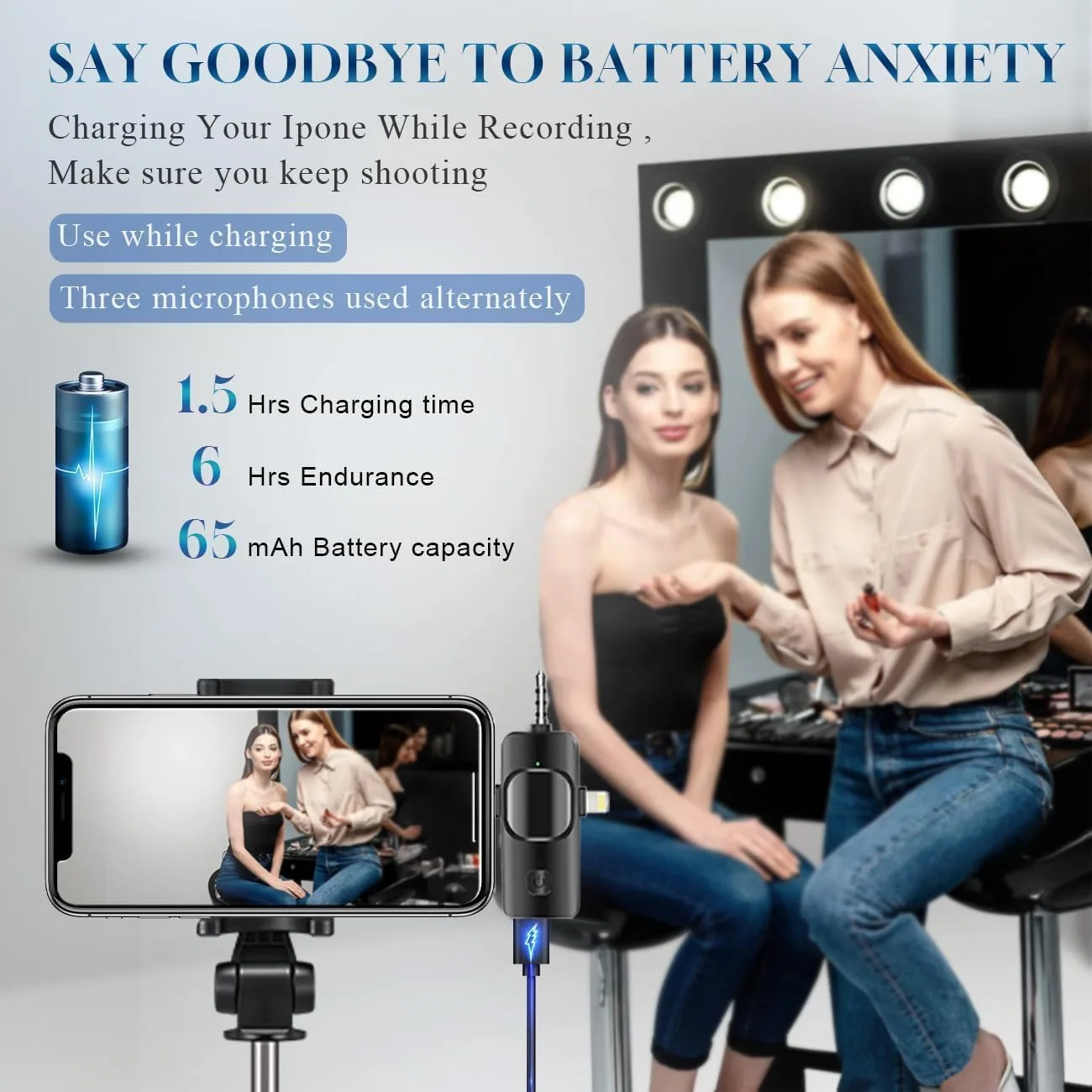 3 in 1 Wireless Lavalier Microphone for iPhone, iPad, Android, Camera,12-Hour Battery, mini Noise Reduction Recording Mic 2.4G Ultra-Low Delay, Microphone for Vlog/ TikTok/YouTube Live Stream( 2 Mic)