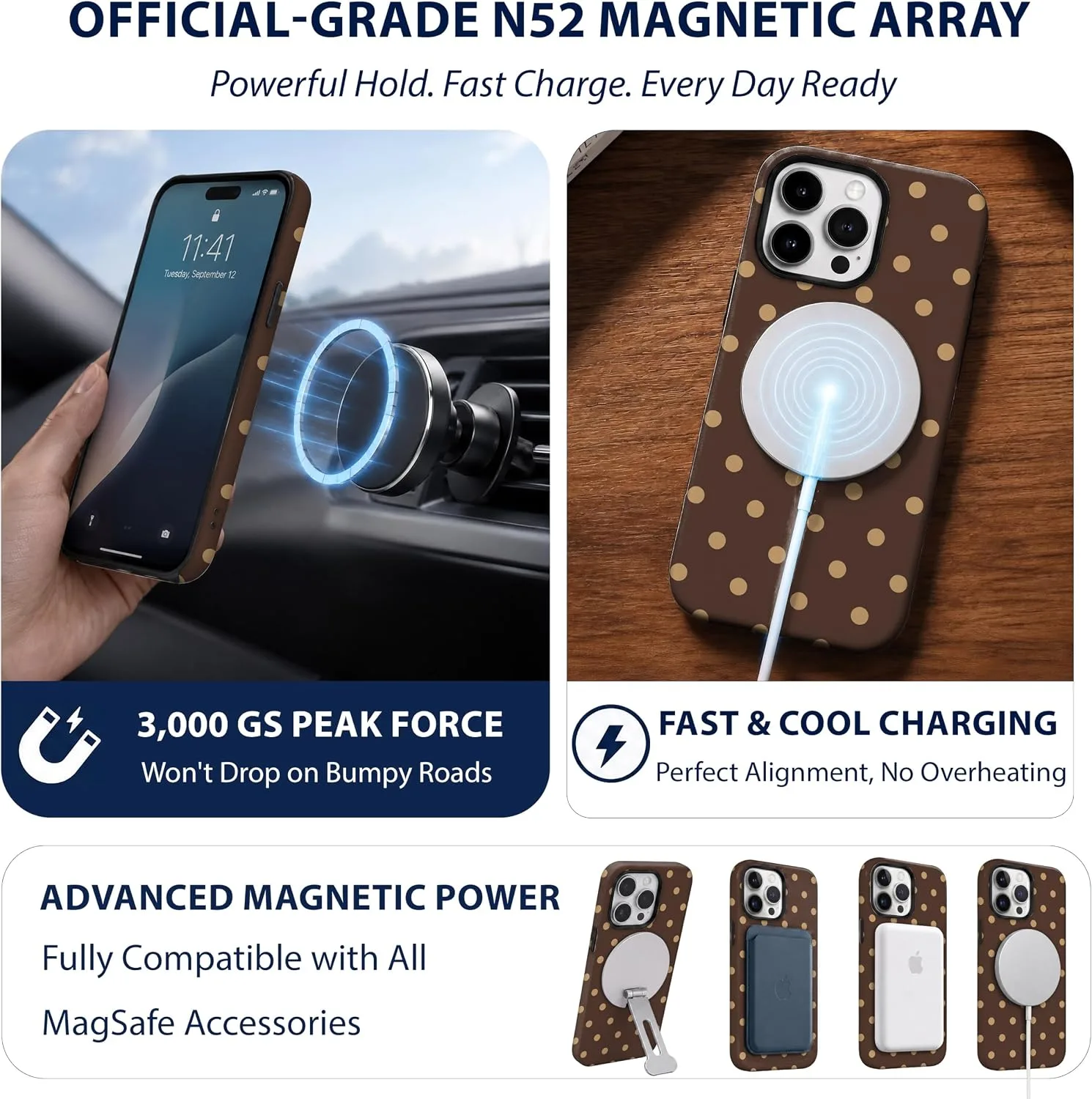 Magnetic for iPhone 15 Pro Phone Case, Brown and Cream Polka Dot
