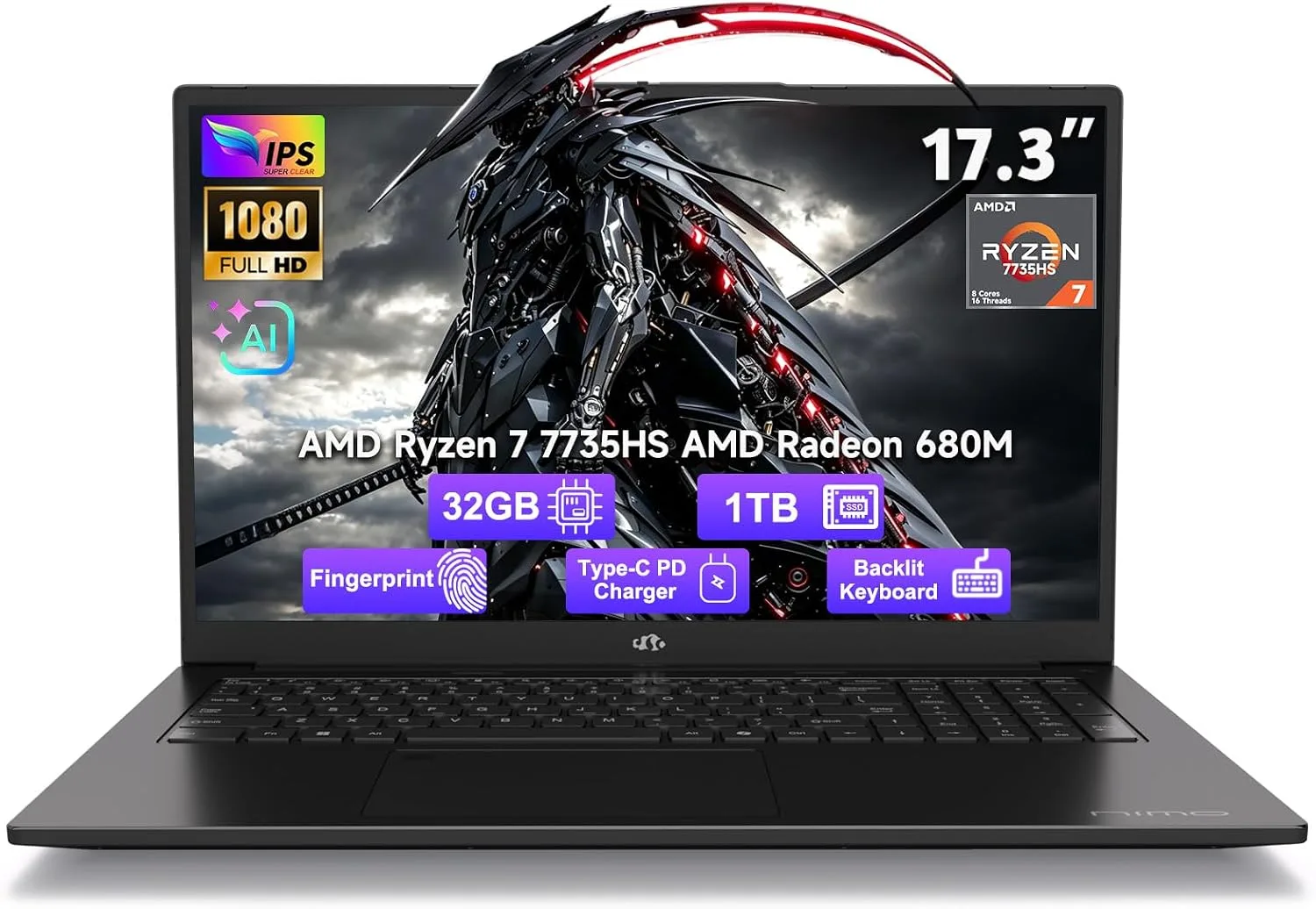 NIMO 17.3" AI Laptop 2026-2027, AMD Ryzen 7 7735HS 32GB DDR5 RAM 1TB SSD