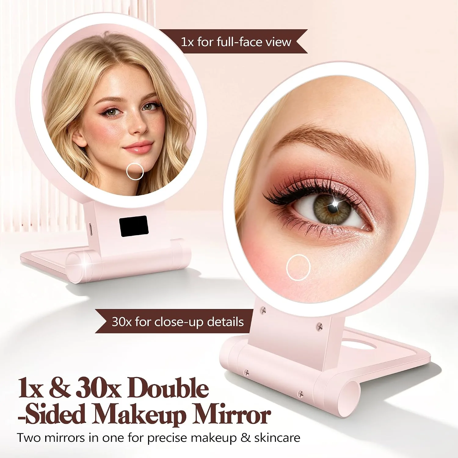 B Beauty Planet Magnifying Mirror with Light 30X, 2000mAh 1X/ 30X Makeup Mirror with Standable Base & Tweezers, 3 Color Modes with Adjustable Brightness& Smart Display, Foldable for Travel Pink