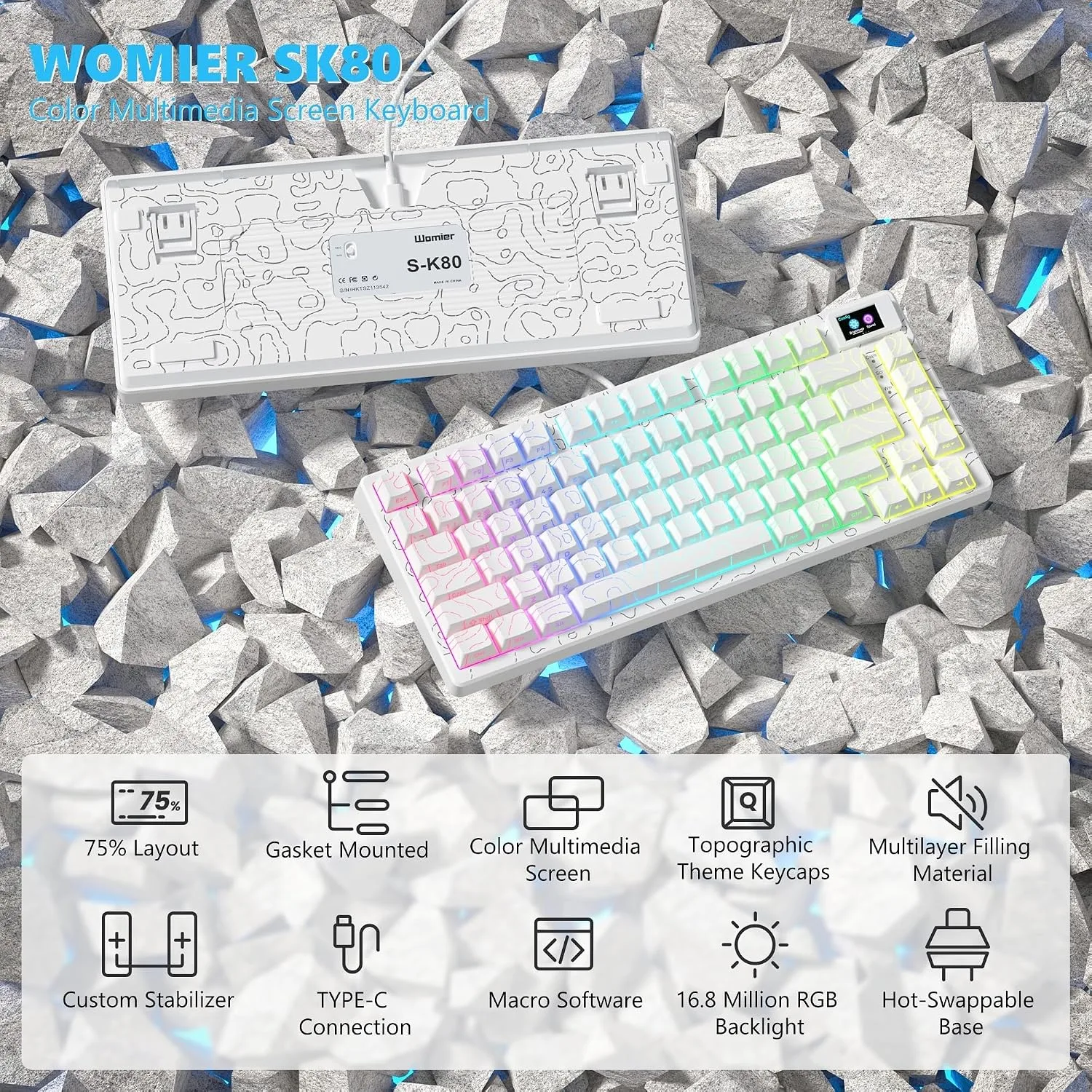 Womier SK80 75% Percent Keyboard Gaming with Color Multimedia Display