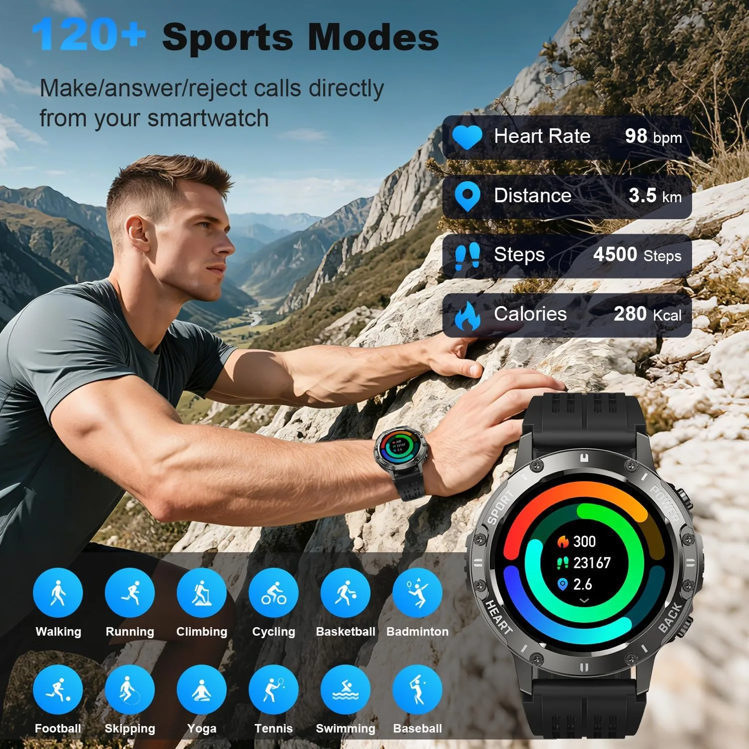 Smart Watch for Men Fitness Tracker: Waterproof Make Answer Call Running Digital Mens Watches Military Smartwatch Android Phone iPhone Samsung Compatible SpO2 Sleep Heart Rate Monitor Step Pedometer