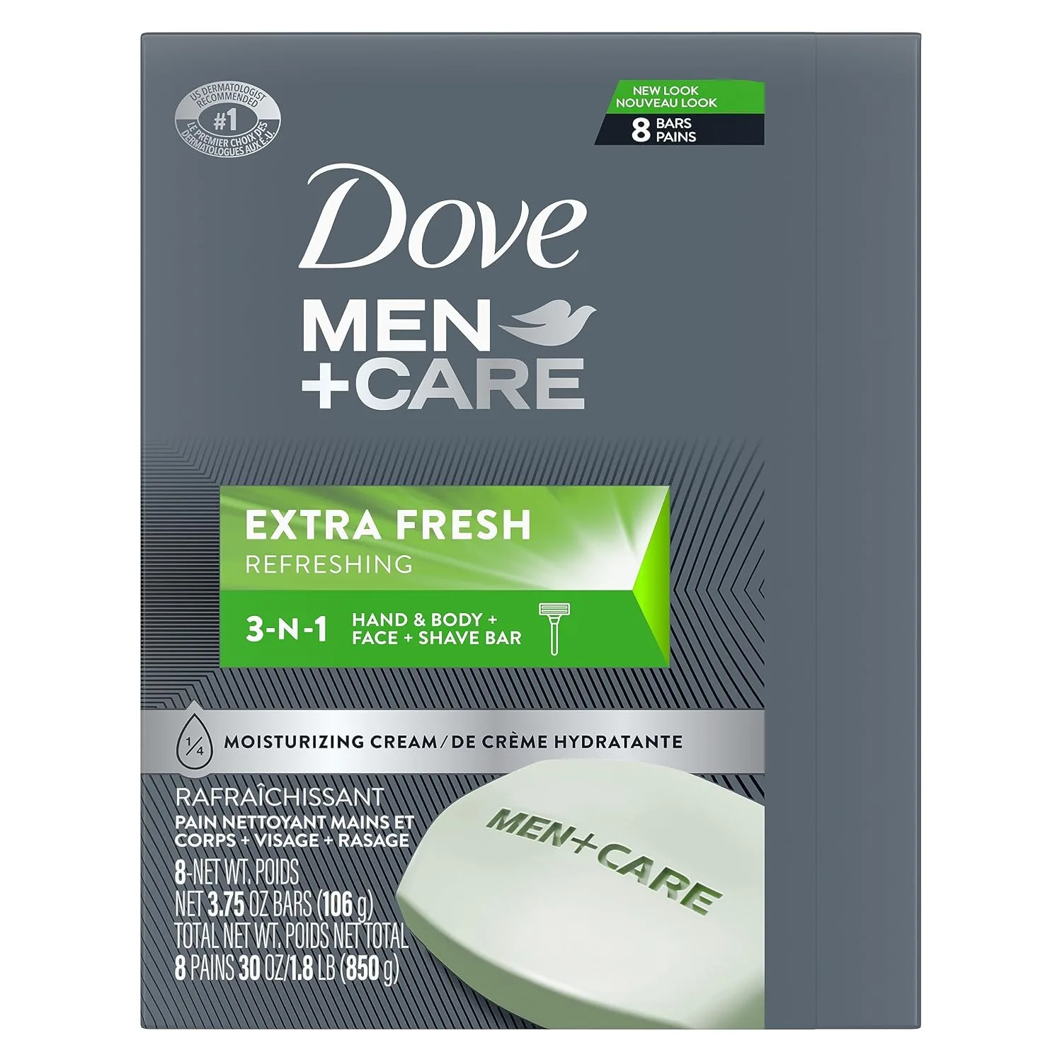 DOVE MEN + CARE 3 in 1 Bar for Body, Face and Shaving, 8 Count, 3.75 oz