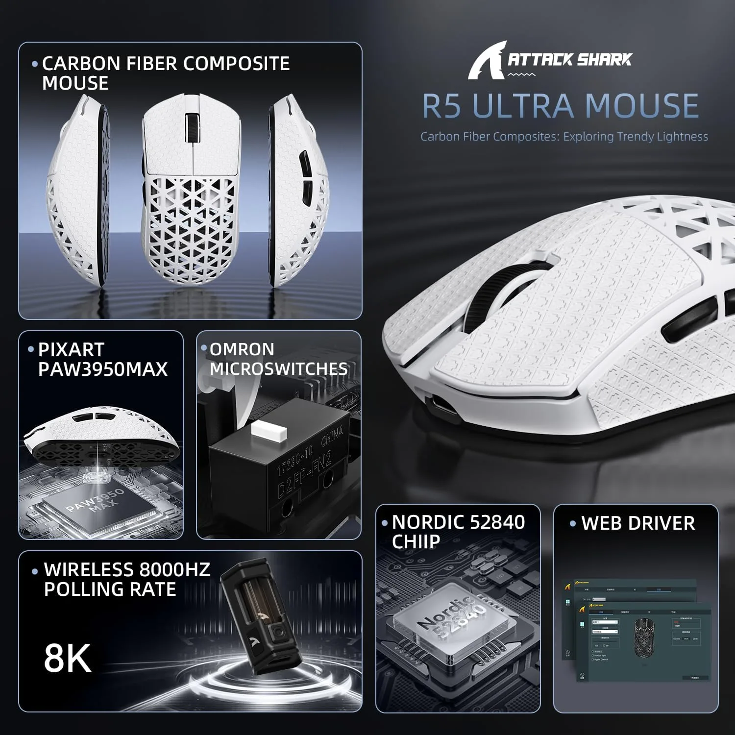 ATTACK SHARK R5Ultra 8K Carbon Fiber Wireless Gaming Mouse, White&Tape