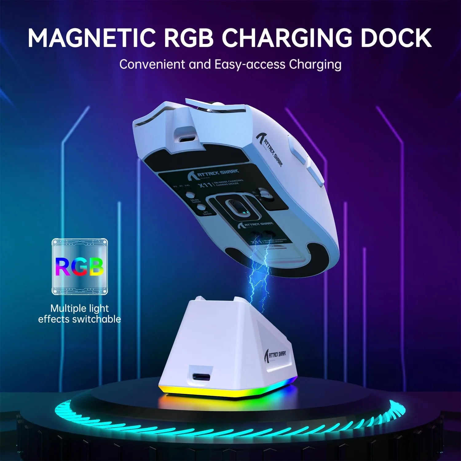 ATTACK SHARK X11 Wireless Gaming Mouse, PAW3311 Sensor, Lightweight, RGB Charging Dock, 22,000 DPI, Tri-Mode Connectivity, 5 Programmable Buttons - White