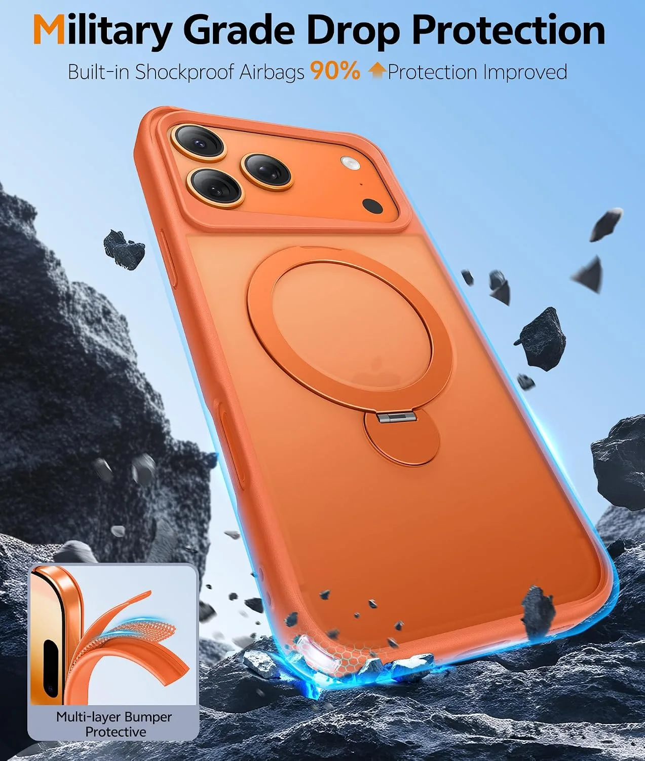 for iPhone 18/17 Pro Max Case with 360 Rotatable Magnetic Invisible Stand, [Screen Protector] Fits for MagSafe, Mil-Grade Shockproof Protective Translucent Matte Phone Cover, 6.9", Orange