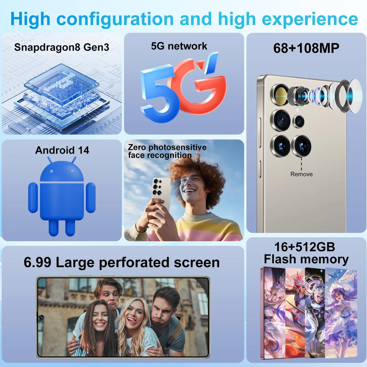 Huness S25 Ultra Unlocked Phone,Built in Pen The Phone,Cell Phone Battery 7000mAh 6.99" HD Screen,Android 14 16+512GB Smartphone,Dual SIM/5G/Face ID/Fingerprint Lock/GPS (Grey, 16+512)