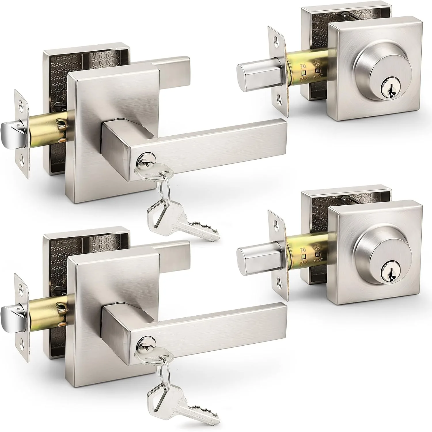 Probrico Square Front Door Lock Set Exterior 2 Pack, Entry Door Handles and Single Cylinder Deadbolts Same Keys, Door Locksets Reversible for Right and Left in Brushed Nickel Finish