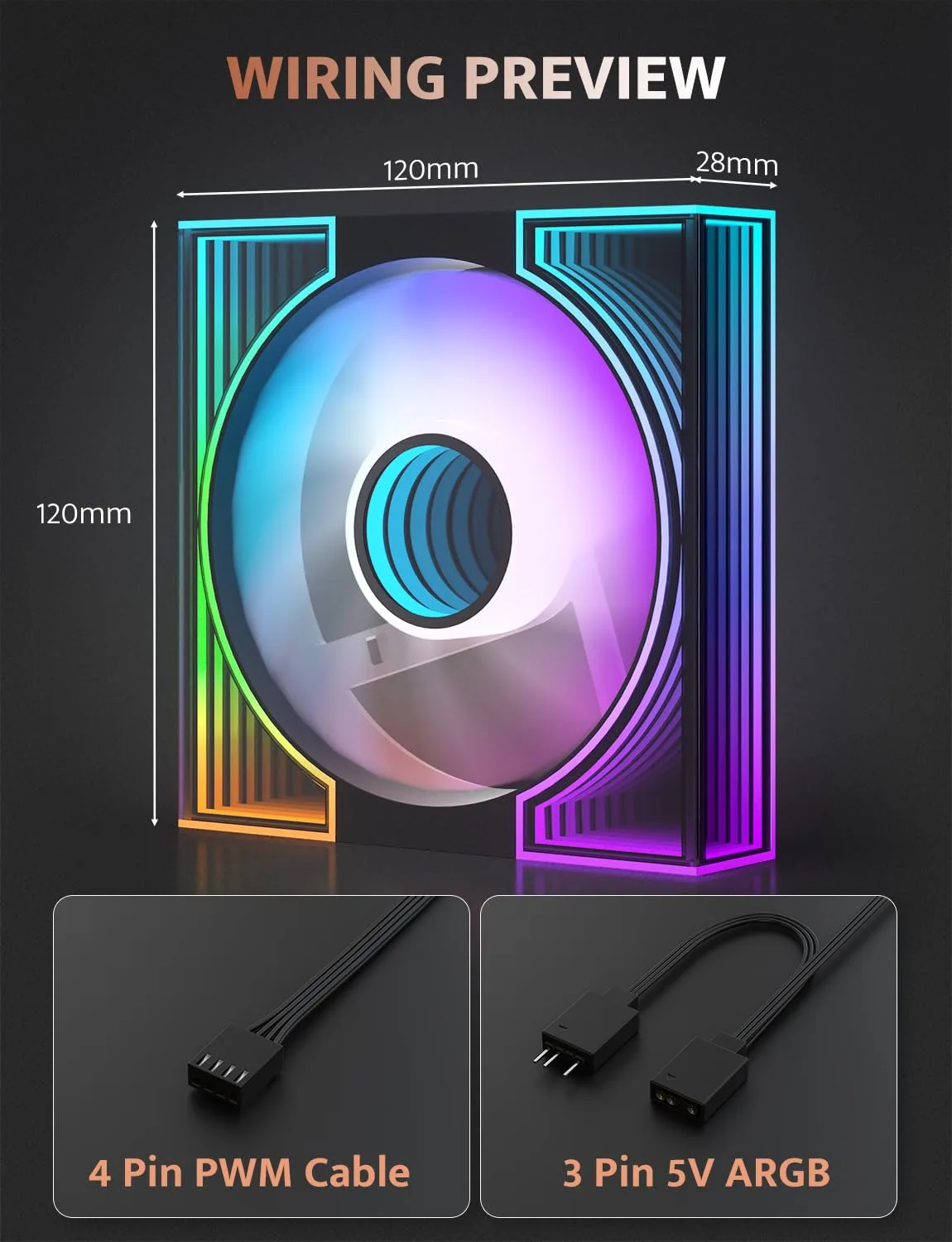 darkFlash DM8 3-Pack 120mm PC Case Fan, Infinity Mirror Case Fans, PWM ARGB Sync, 1600RPM High Airflow 56CFM, Low Noise 32.5dBA, Computer Case Cooler Fan (Black, Forward)