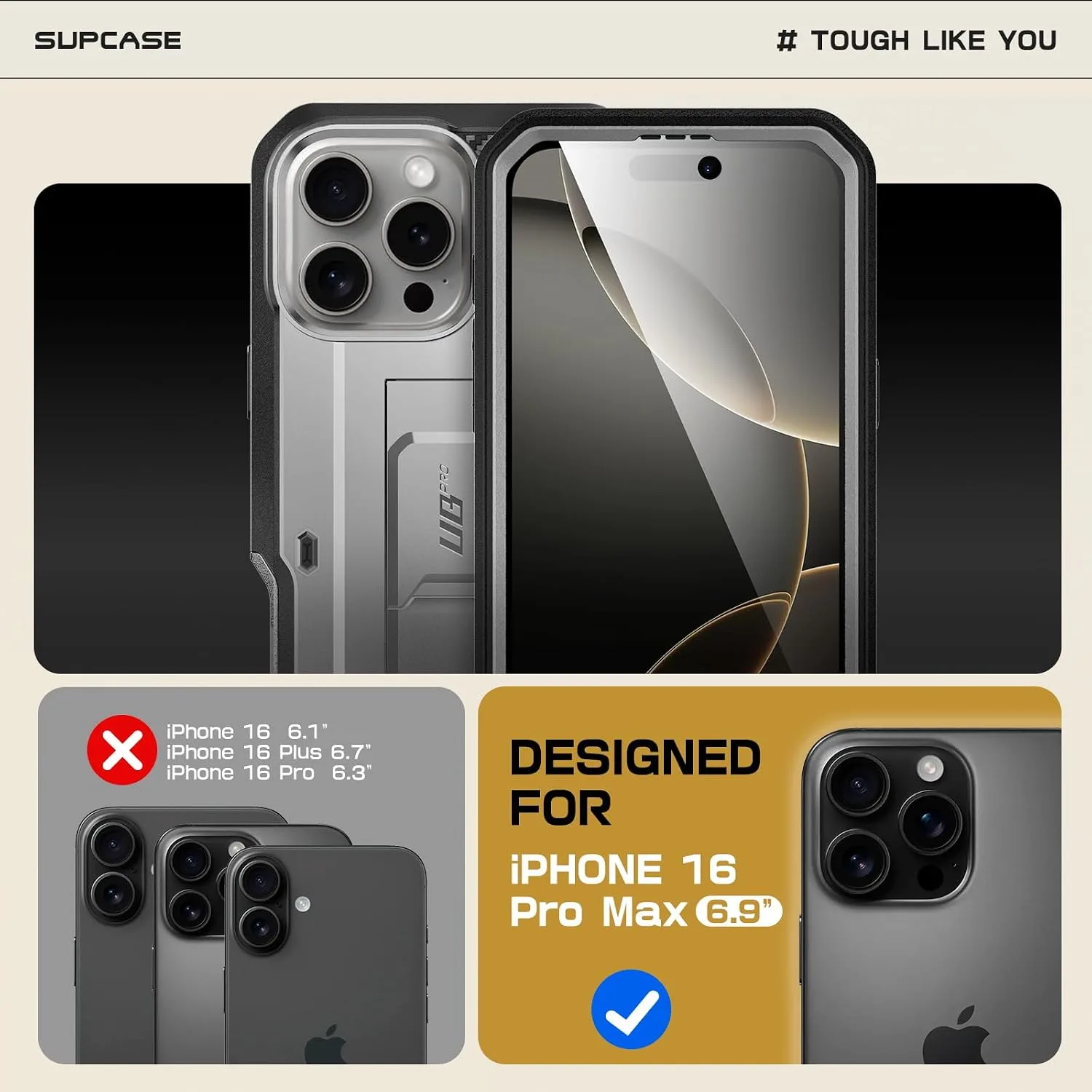SUPCASE for iPhone 16 Pro Max Case with Screen Protector & Stand, Tigray